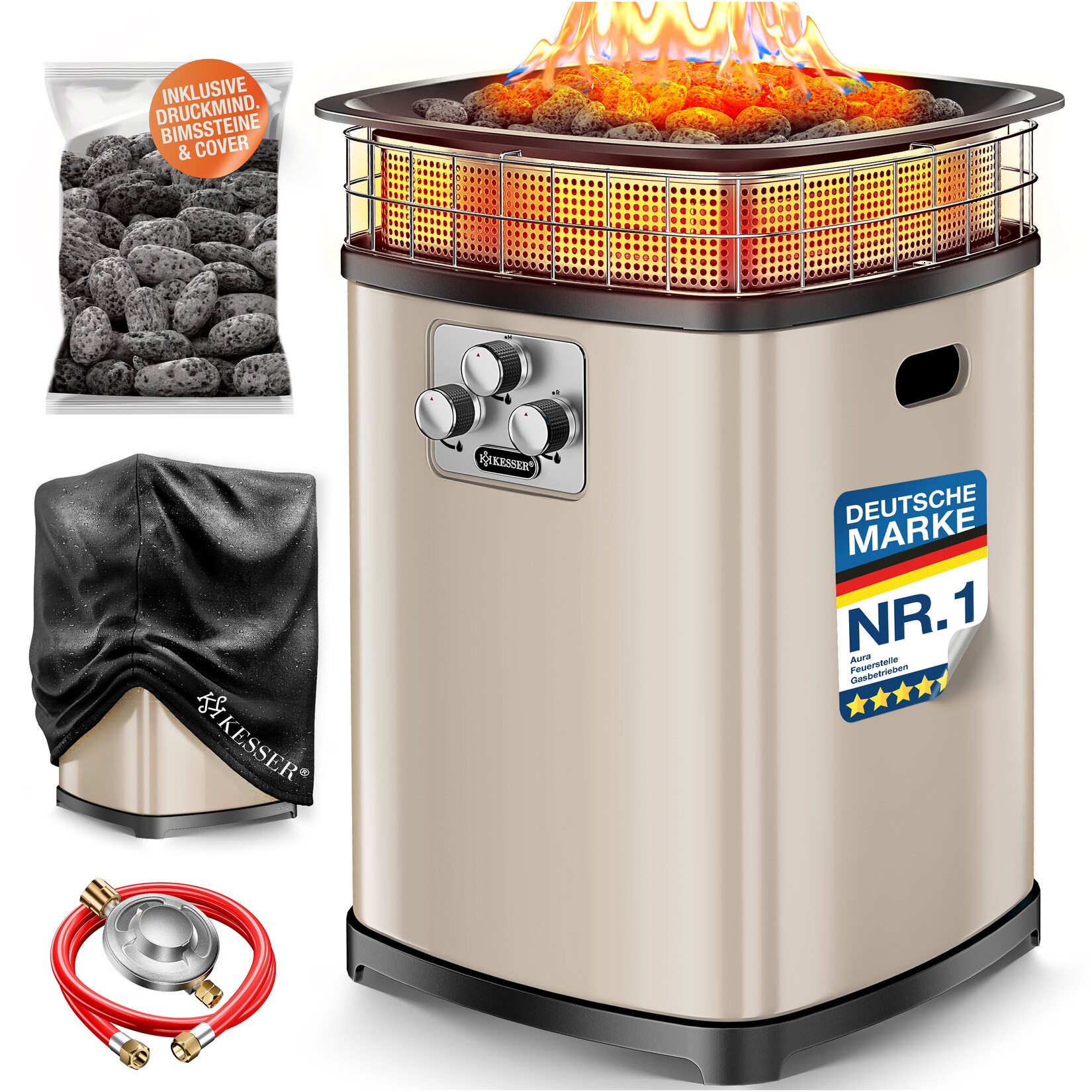 ® Gas-Feuerstelle Aura, 18 kW Heizer, Outdoor, 360° Wärmeverteilung, Terrassenfeuer für Garten, Terrasse & Balkon, bis 120 m², Bimssteine, Schutzcover, Deckel, 6 Std. Brenndauer, IP54