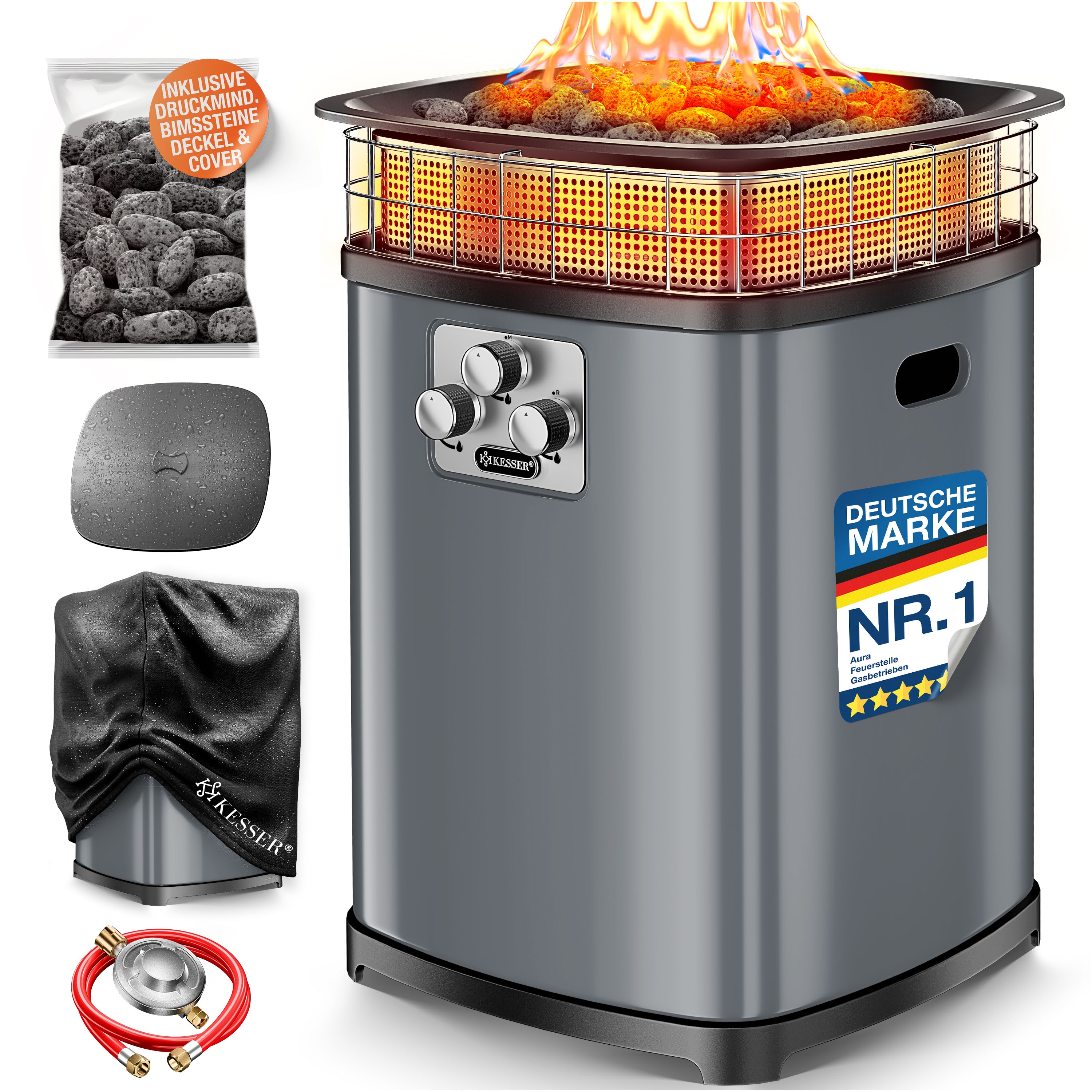 KESSER&reg; Gas-Feuerstelle Aura, 18 kW Heizer, Outdoor, 360&deg; W&auml;rmeverteilung, Terrassenfeuer f&uuml;r Garten, Terrasse & Balkon, bis 120 m&sup2;, Bimssteine, Schutzcover, Deckel, 6 Std. Brenndauer, IP54 - Bild 1