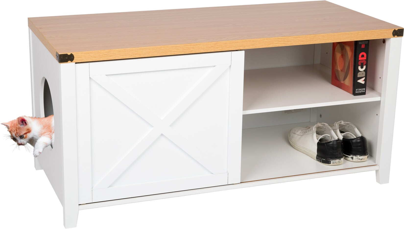 needs&wants® Katzenschrank groß für Katzentoilette XXL aus Holz mit Schuhschrank Sitzkommode, Katzenklo-Schrank Kommode, Design Katzenhaus Toilette Klo, 110 x 50 x 53 cm, weiß braun | 04065827610036