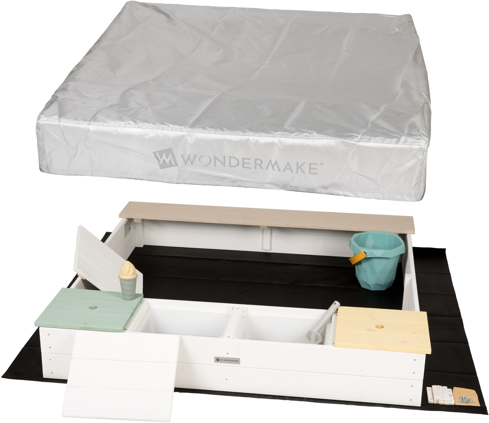 WONDERMAKE® Design Sandkasten mit Matschküche, Abdeckung OXFORD 420D, Vliesfolie, Sandkiste Holz quadratisch verschließbar Outdoor Garten für Kinder, weiß bunt | 04065827310066