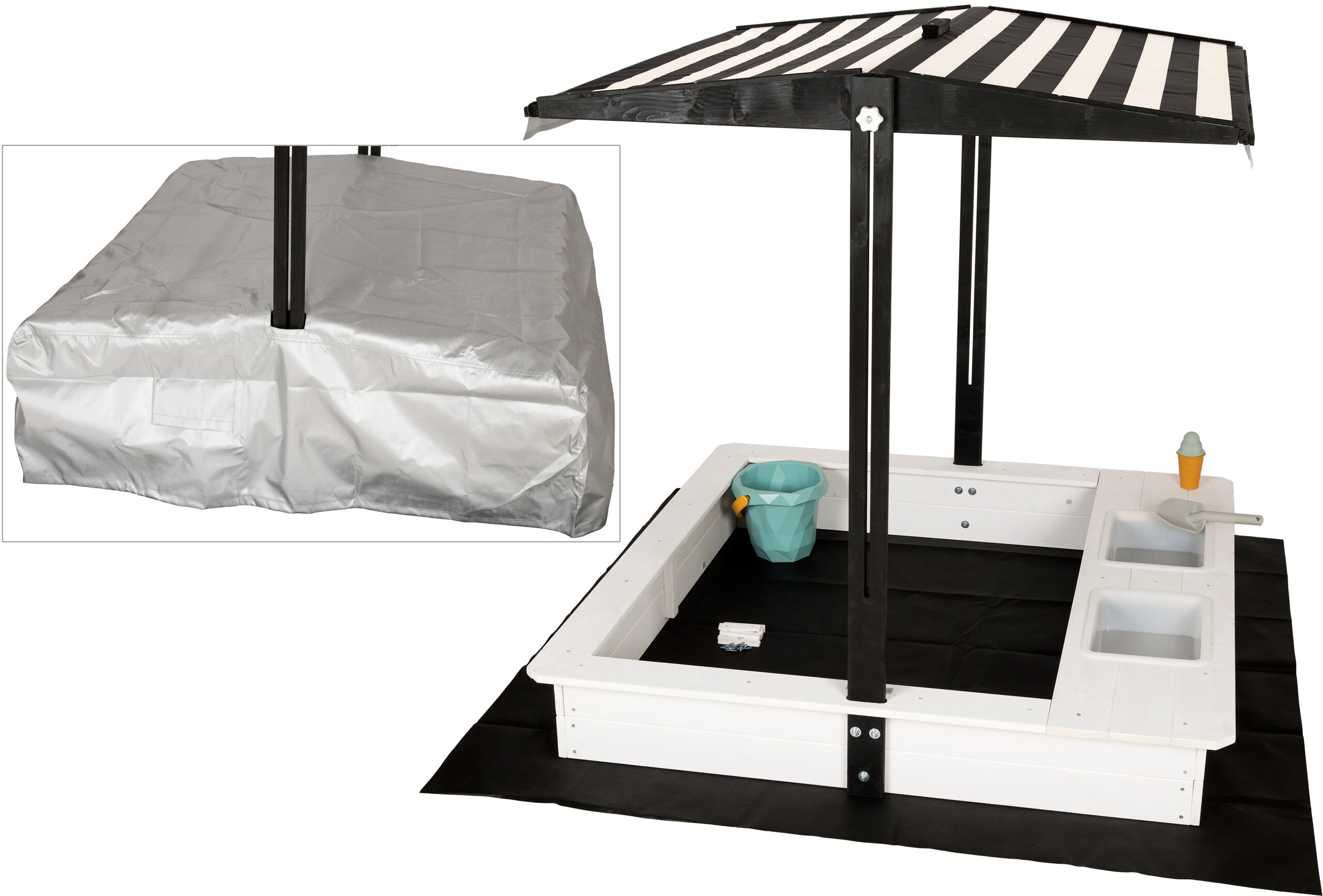 WONDERMAKE&reg; Design Sandkasten mit Matschk&uuml;che, Dach, Abdeckung OXFORD 420D, Vliesfolie, Sandkiste Holz quadratisch verschlie&szlig;bar Outdoor Garten f&uuml;r Kinder, schwarz wei&szlig; - Bild 1