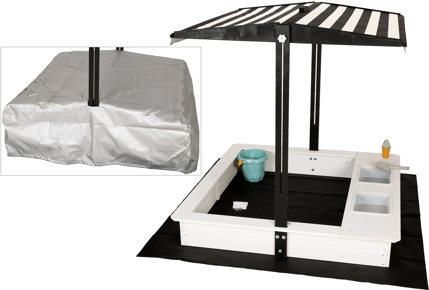 WONDERMAKE® Design Sandkasten mit Matschküche, Dach, Abdeckung OXFORD 420D, Vliesfolie, Sandkiste Holz quadratisch verschließbar Outdoor Garten für Kinder, schwarz weiß | 04065827310073