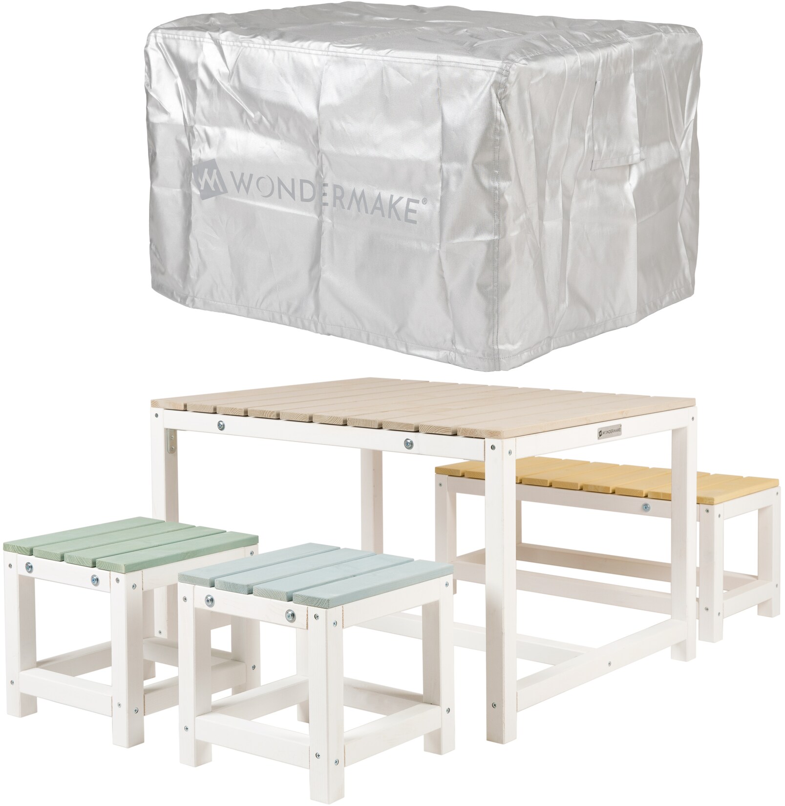 WONDERMAKE® Design Kindersitzgruppe Outdoor Garten Holz mit Abdeckung, Kinder-Sitzgarnitur Indoor Picknick-Gruppe ab 3 Jahre, weiß bunt | 04065827180010