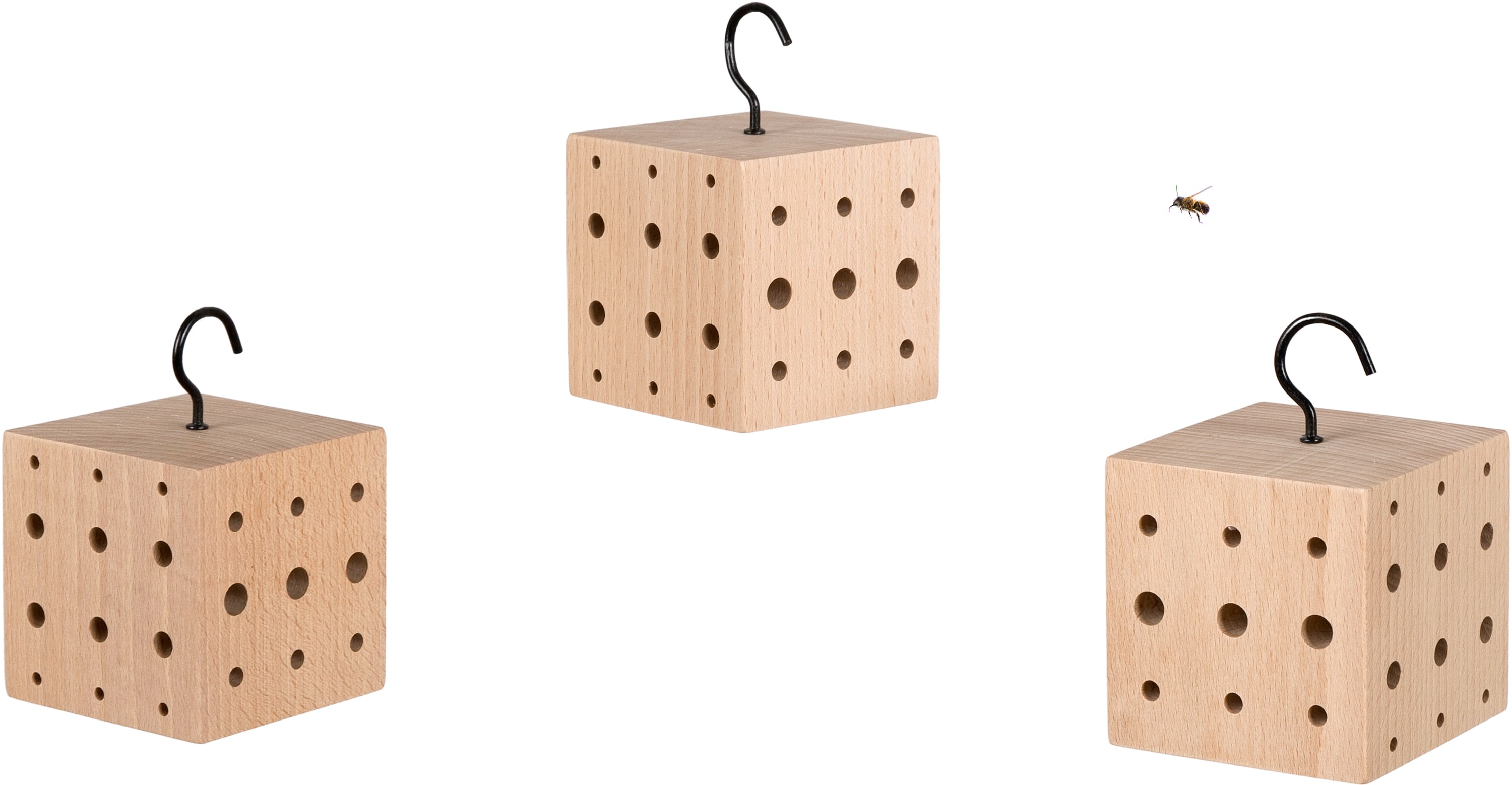 WONDERMAKE&reg; 3er Set: Design Insektenhotel klein, Kubus aus Buche-Holz mit 3x 42 Nistpl&auml;tzen, Bienenhotel h&auml;ngend Nisthilfe f&uuml;r Wildbienen, braun schwarz - Bild 1