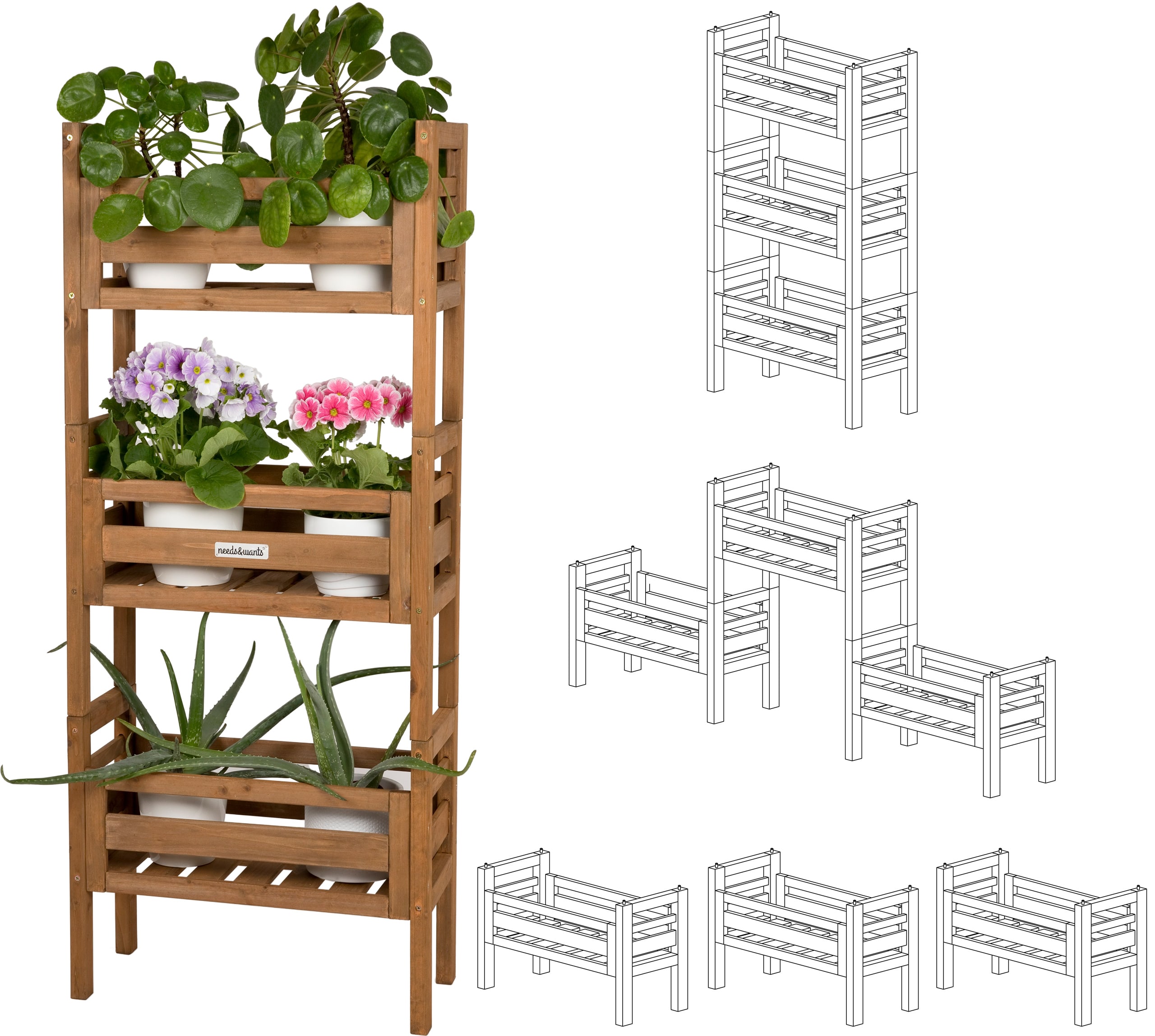 needs&wants&reg; 3-fach multifunktional: Pflanzenst&auml;nder Blumenst&auml;nder aus Holz wetterfest f&uuml;r Indoor Outdoor Balkon Garten drau&szlig;en innen Wand, Pflanzenregal Blumentreppe, z.B. 51 x 23 x 122 cm hoch, braun - Bild 1