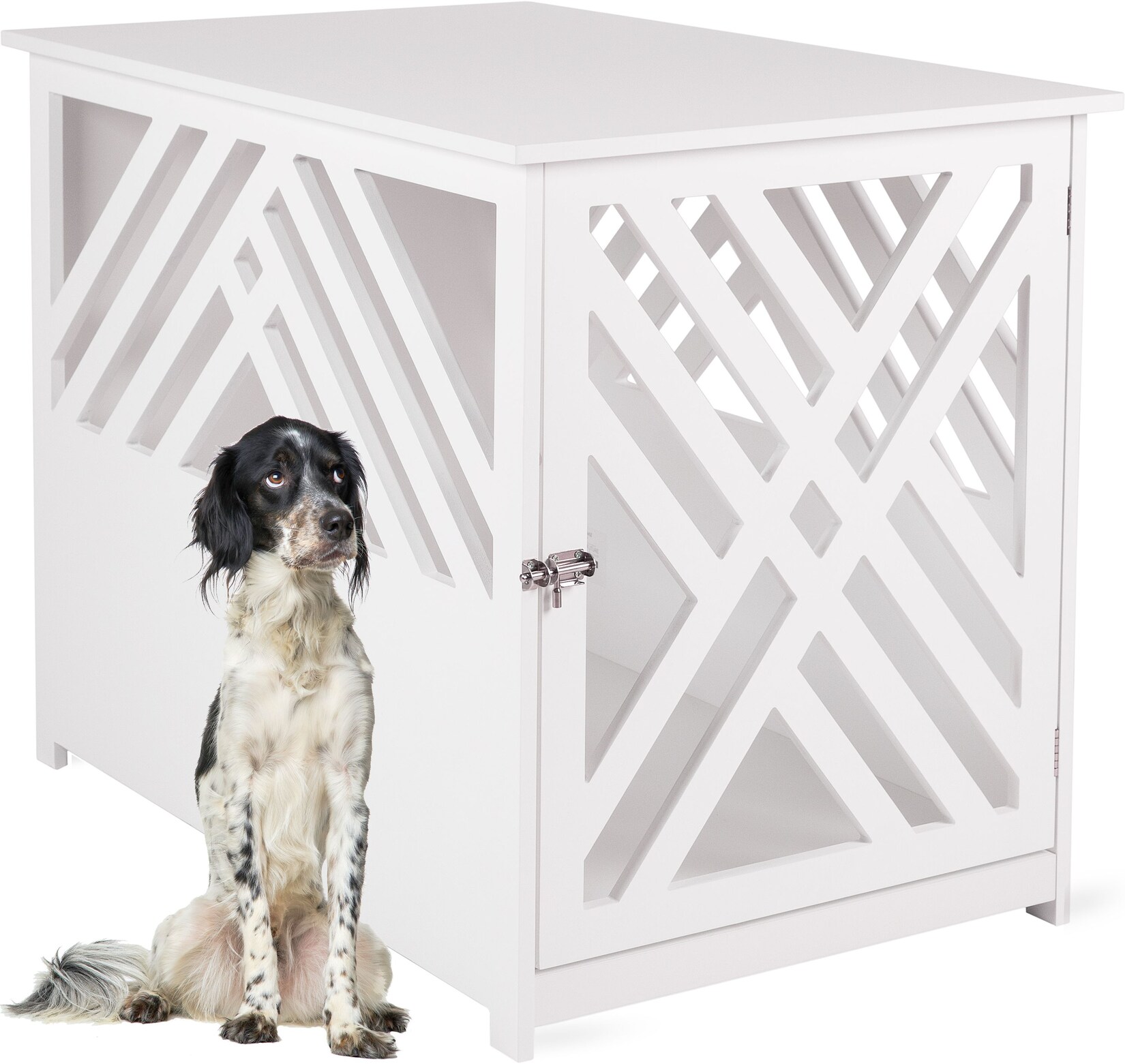 WONDERMAKE® Design Hundekäfig aus Holz für Zuhause Wohnung mit Beistelltisch, Hundebox fürs Wohnzimmer Indoor, 90×60 cm weiß | 04065827520014