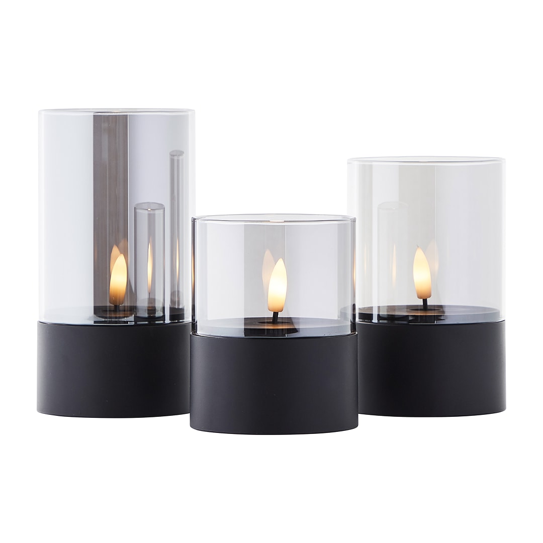 Brilliant Bougie LED-Kerzen 3er-Set - schwarz/ger&auml;uchertes Glas , warmwei&szlig; flackernd , 10 cm ,12 ,5 cm ,15 cm , batteriebetrieben , Dekoration f&uuml;r drinnen & drau&szlig;en - Bild 1