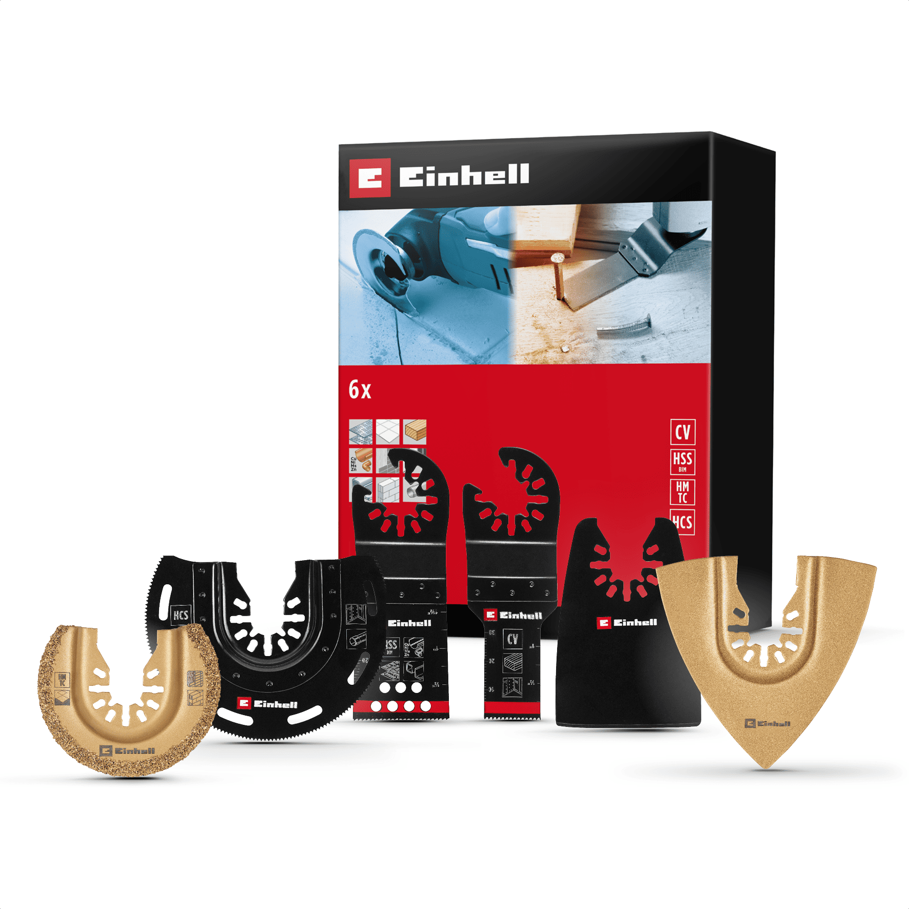 Original Einhell 6-tlg. Multitool-Set (BIM-Tauchs&auml;geblatt, HCS-Halbrunds&auml;geblatt, CrV-Tauchs&auml;geblatt, Hartmetall-Halbrunds&auml;geblatt, Deltaraspel, flexible Ziehklinge mit offener Aufnahme - Bild 1