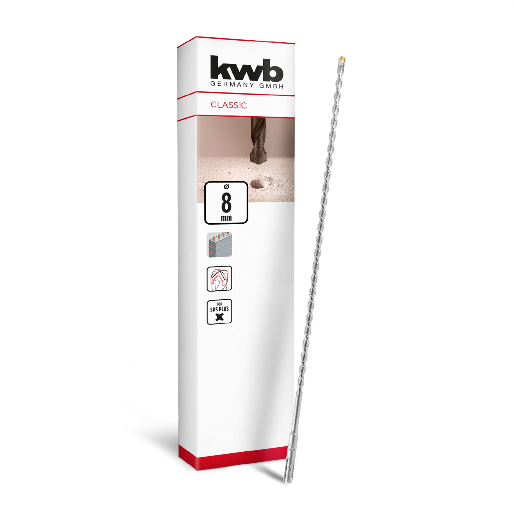kwb SDS Plus Bohrer, SDS Plus Hammerbohrer (&Oslash; 8 mm x 460/400 mm, mit extrem schneller Hartmetall 4X-Schneide, f&uuml;r armierten Beton, Stein & Mauerwerk) - Bild 1
