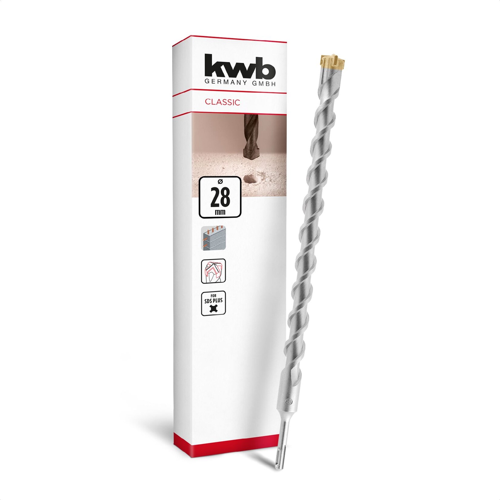 kwb SDS Plus Bohrer, SDS Plus Hammerbohrer (Ø 28 mm x 460/400 mm, mit extrem schneller Hartmetall 4X-Schneide, für armierten Beton, Stein & Mauerwerk) | 04009312684287