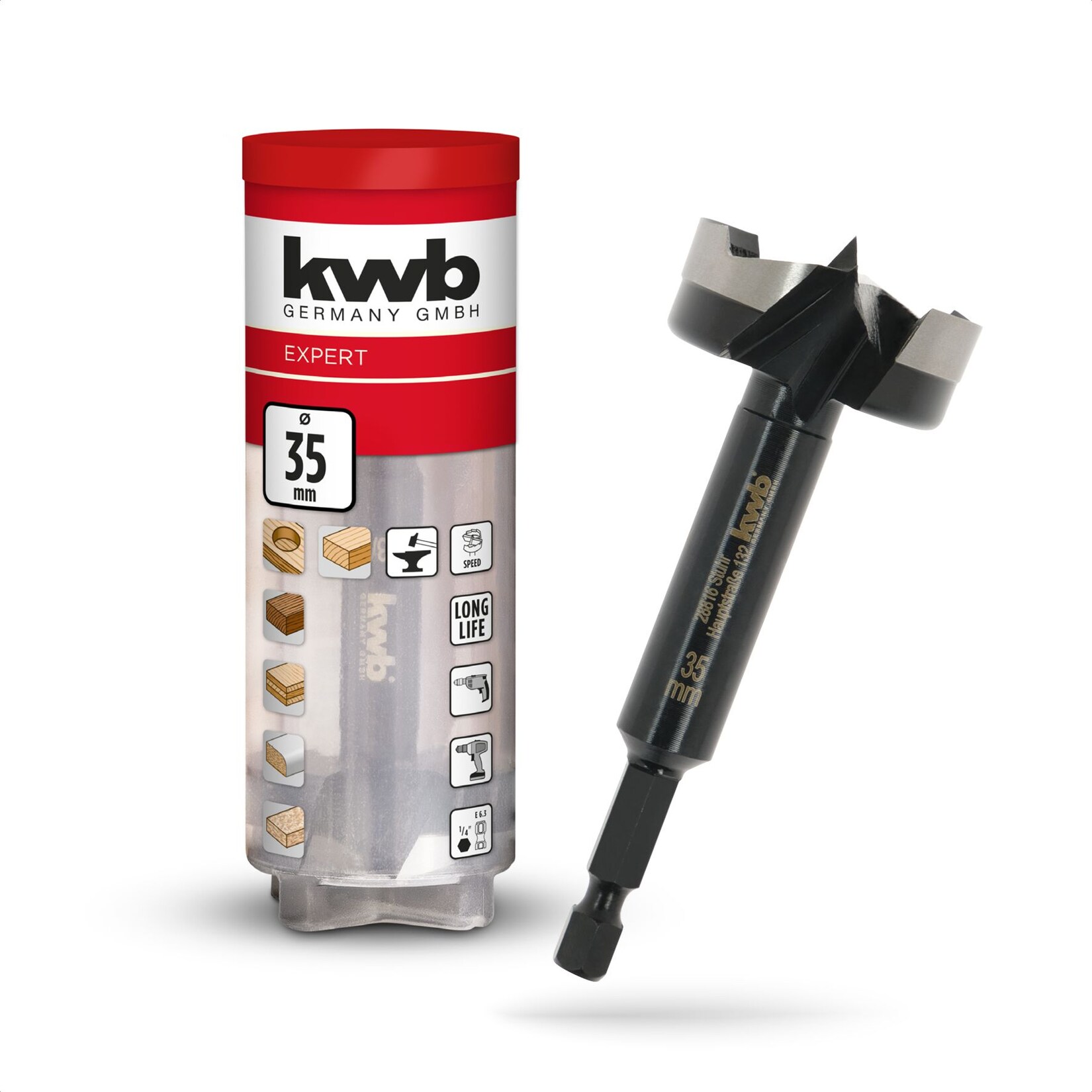 kwb Forstnerbohrer, Ø 35 mm, Topfbohrer (für Holz, geschmiedeter Bohrkopf, Spezialanschliff, schnelle, ausrissfreie Bohrlöcher, 4-seitig geschliffene Zentrierspitze, für Akkuschrauber & Bohrmaschinen) | 04009317064350
