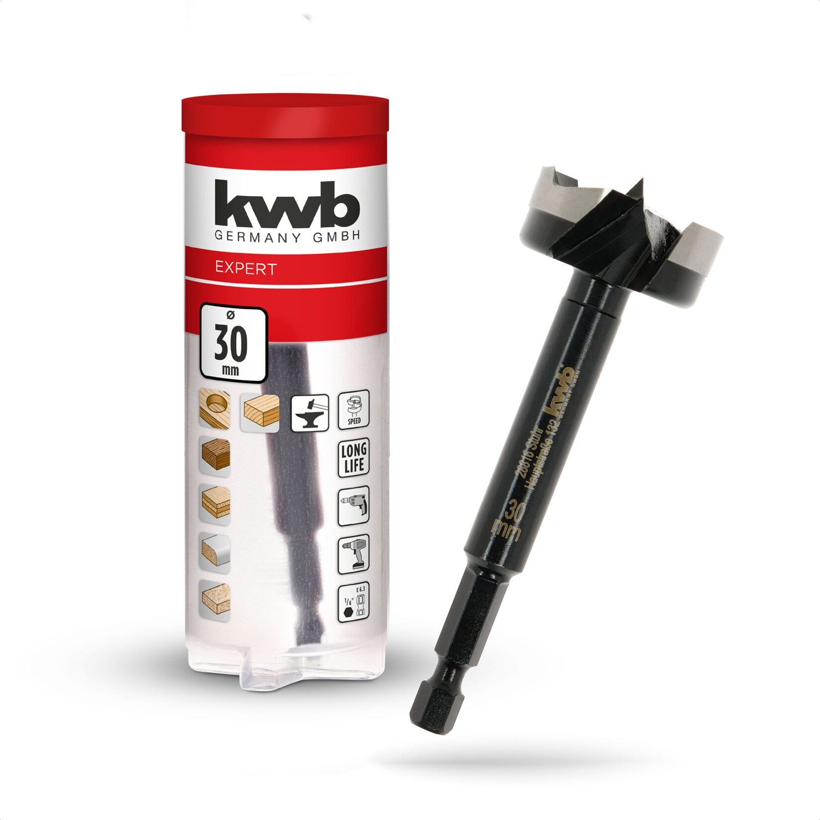 kwb Forstnerbohrer, Ø 30 mm, Topfbohrer (für Holz, geschmiedeter Bohrkopf, Spezialanschliff, schnelle, ausrissfreie Bohrlöcher, 4-seitig geschliffene Zentrierspitze, für Akkuschrauber & Bohrmaschinen) | 04009317064305