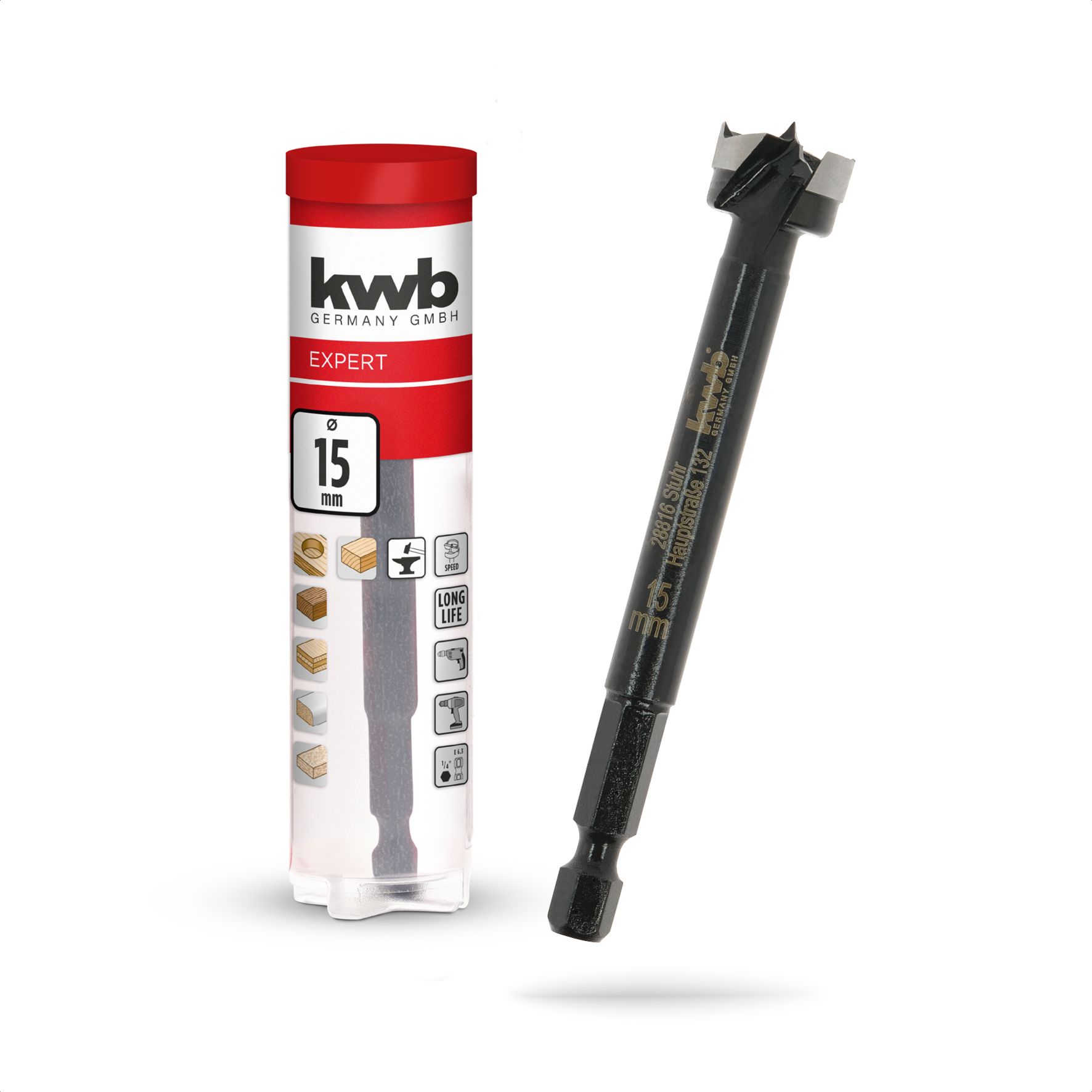 kwb Forstnerbohrer, &Oslash; 15 mm, Topfbohrer (f&uuml;r Holz, geschmiedeter Bohrkopf, Spezialanschliff, schnelle, ausrissfreie Bohrl&ouml;cher, 4-seitig geschliffene Zentrierspitze, f&uuml;r Akkuschrauber & Bohrmaschinen) - Bild 1