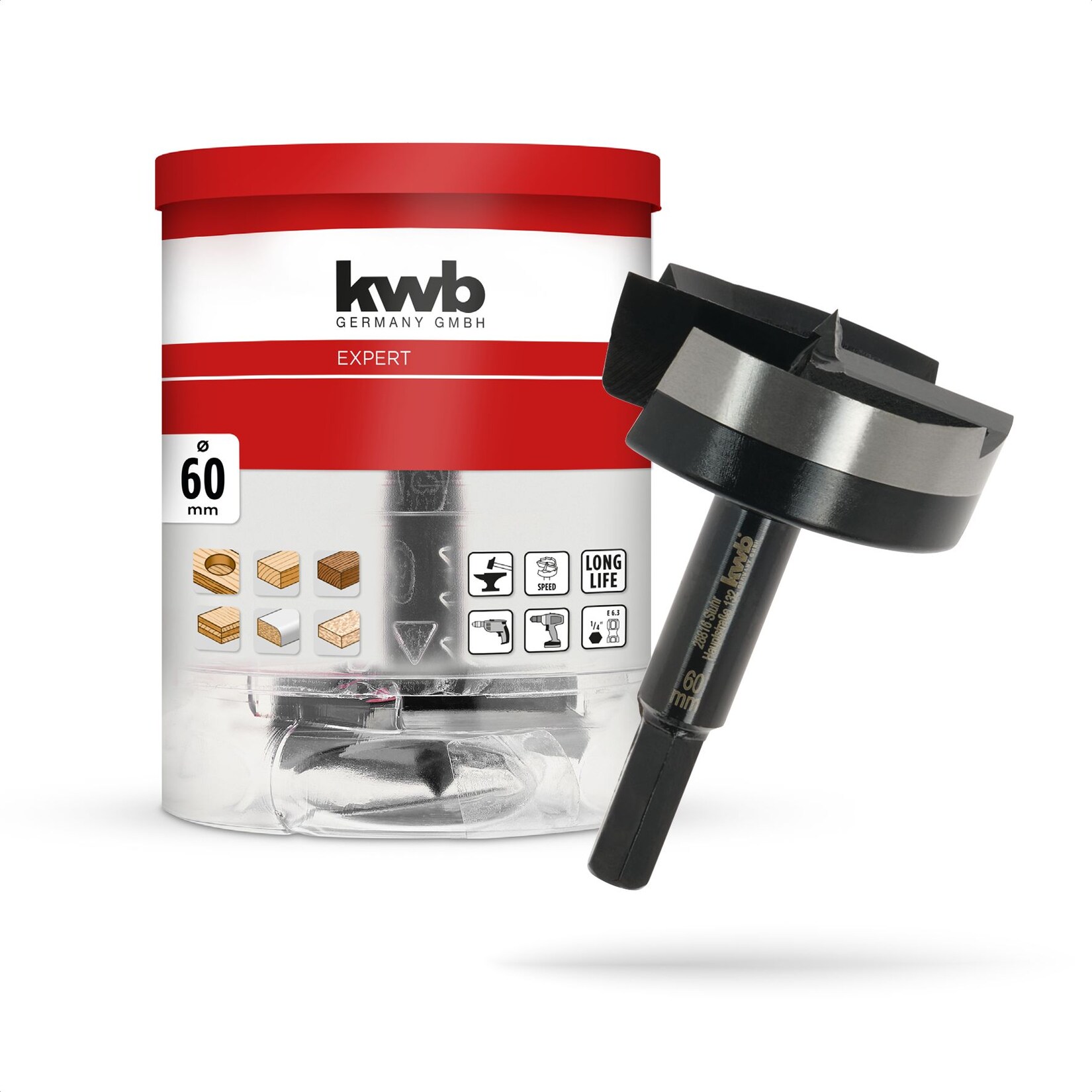 kwb Forstnerbohrer, Ø 60 mm, Topfbohrer (für Holz, geschmiedeter Bohrkopf, Spezialanschliff, schnelle, ausrissfreie Bohrlöcher, 4-seitig geschliffene Zentrierspitze, für Akkuschrauber & Bohrmaschinen) | 04009317064602