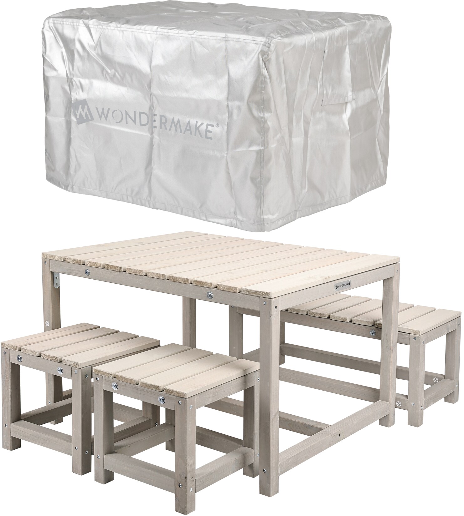 WONDERMAKE® Design Kindersitzgruppe Outdoor Garten Holz mit Abdeckung, Kinder-Sitzgarnitur Indoor Picknick-Gruppe ab 3 Jahre, beige grau | 04065827180027