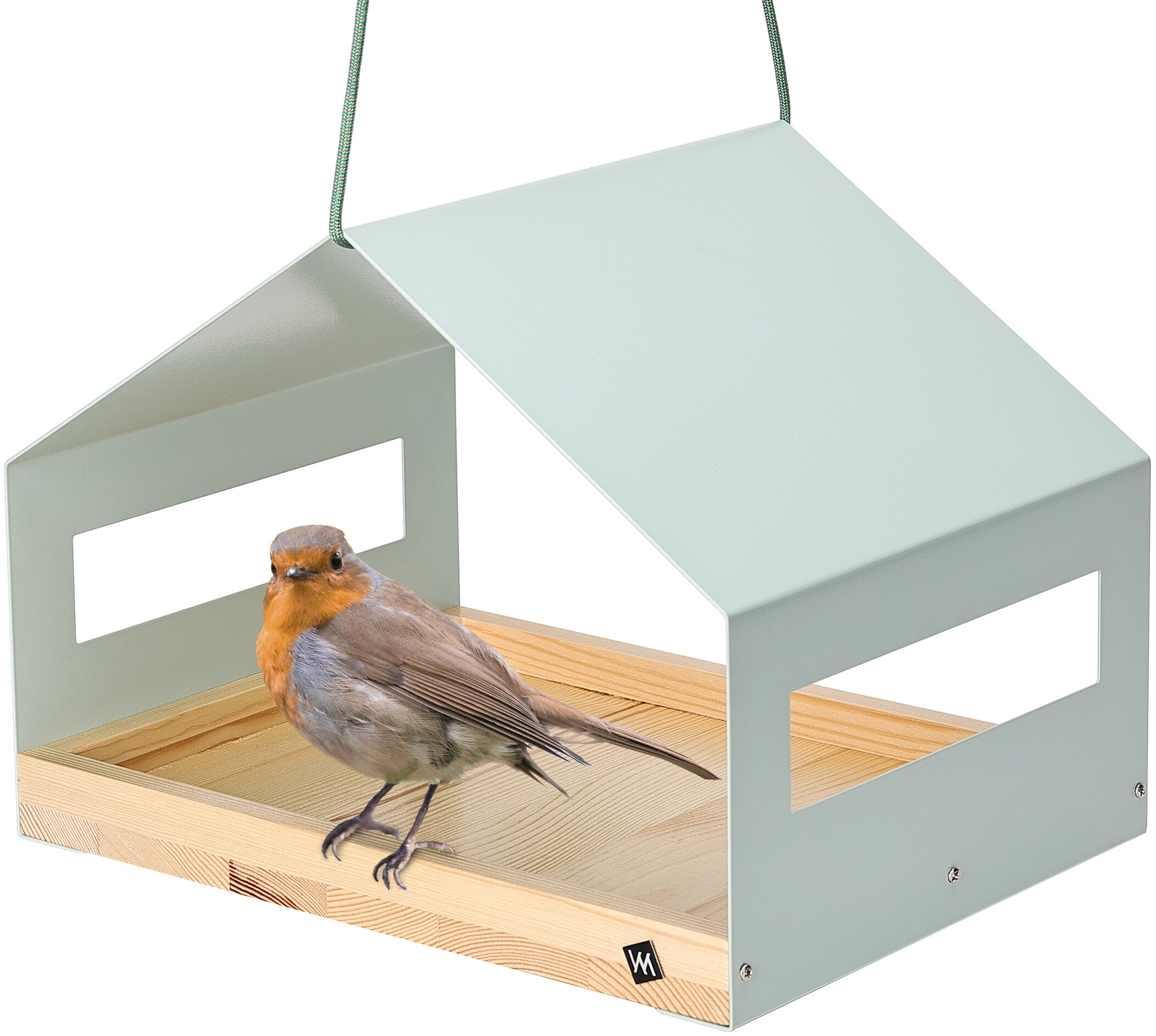 WONDERMAKE&reg; Gro&szlig;es Design Vogelhaus aus Metall und Holz wetterfest zum Aufh&auml;ngen, modernes Vogelfutterhaus XL Metalldach h&auml;ngend, Vogelh&auml;uschen Futterhaus f&uuml;r V&ouml;gel, Edelstahl Kiefer, t&uuml;rkis-grau mint - Bild 1