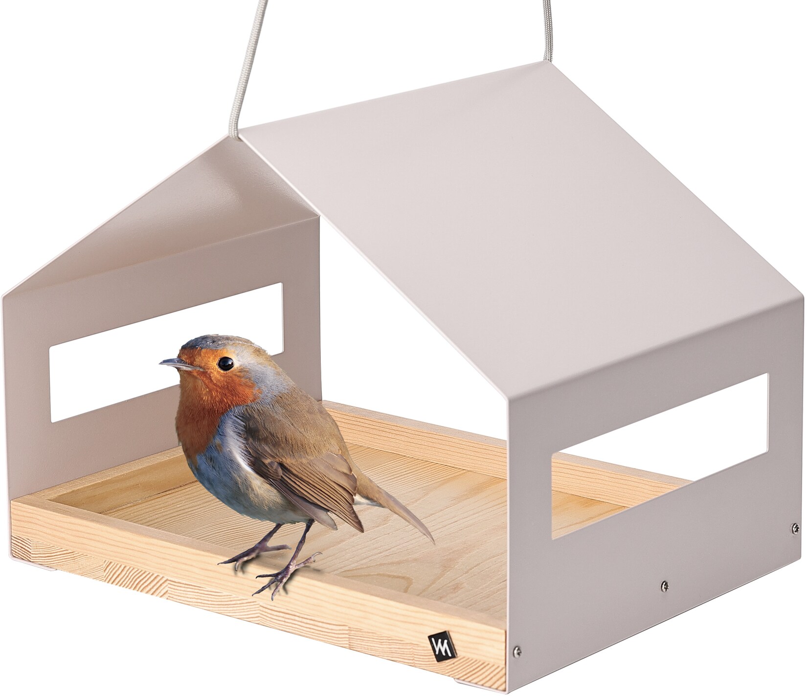 WONDERMAKE® Großes Design Vogelhaus aus Metall und Holz wetterfest zum Aufhängen, modernes Vogelfutterhaus XL Metalldach hängend, Vogelhäuschen Futterhaus für Vögel, Edelstahl Kiefer, grau-beige | 04065827410353