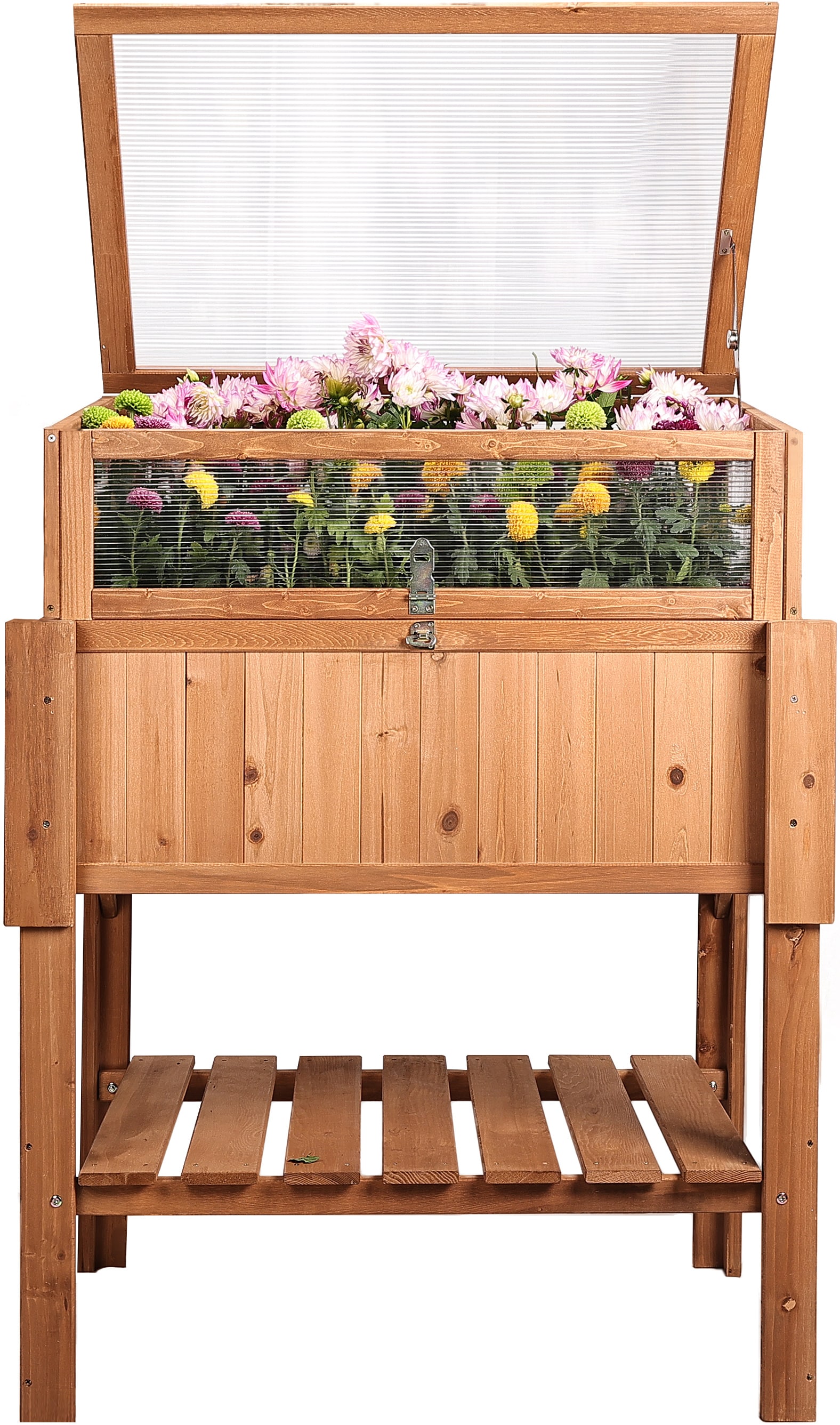needs&wants&reg; Gro&szlig;es Hochbeet mit Fr&uuml;hbeet-Aufsatz Abdeckung aus Holz f&uuml;r Garten Balkon, Pflanzbeet mit Gew&auml;chshaus Fr&uuml;hbeetkasten mit Deckel Dach Haube Ablage Pflanzkasten, 90 x 57 x 112,5 cm, braun - Bild 1