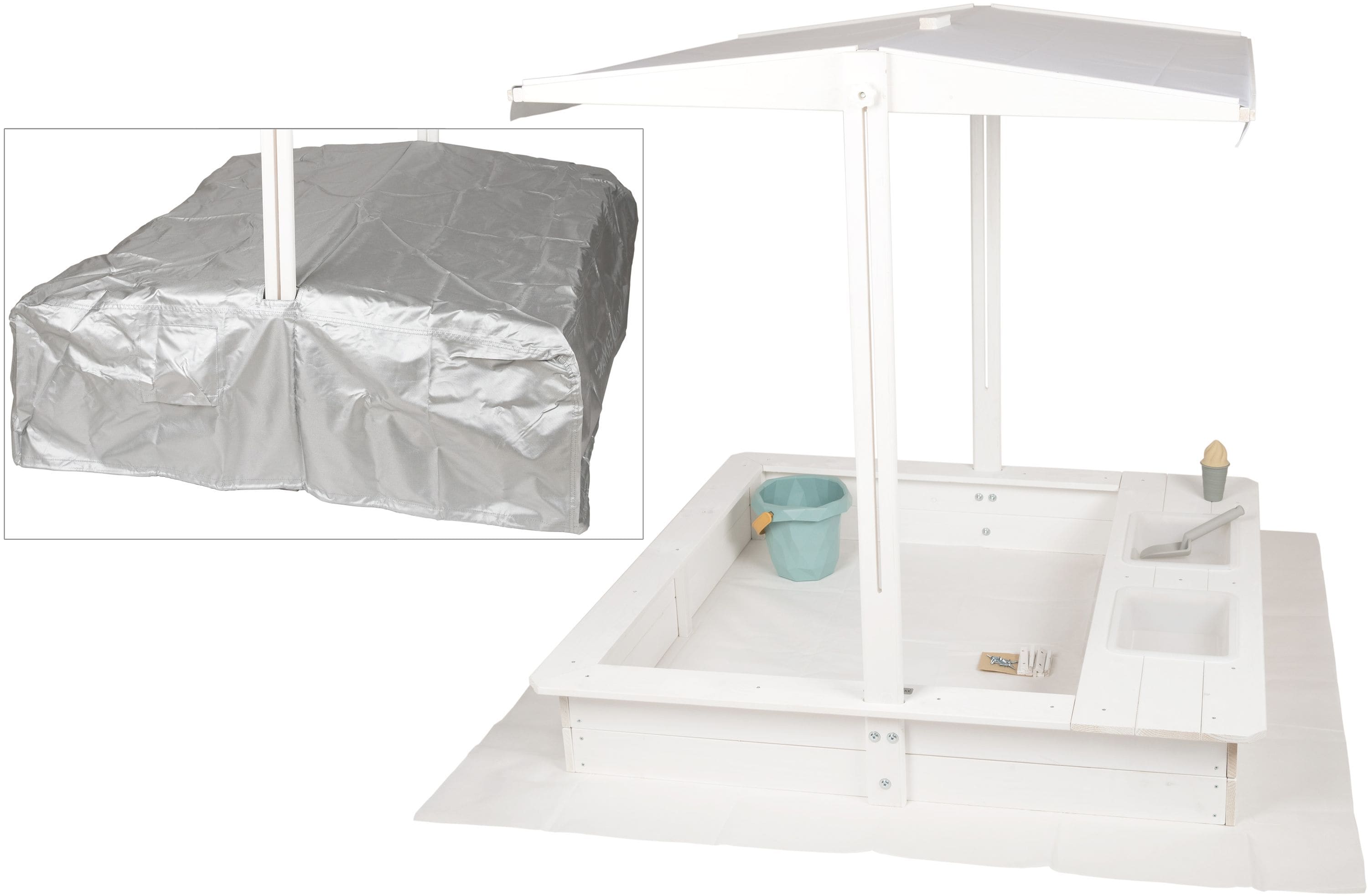 WONDERMAKE&reg; Design Sandkasten mit Matschk&uuml;che, Dach, Abdeckung OXFORD 420D, Vliesfolie, Sandkiste Holz quadratisch verschlie&szlig;bar Outdoor Garten f&uuml;r Kinder, wei&szlig; silber - Bild 1
