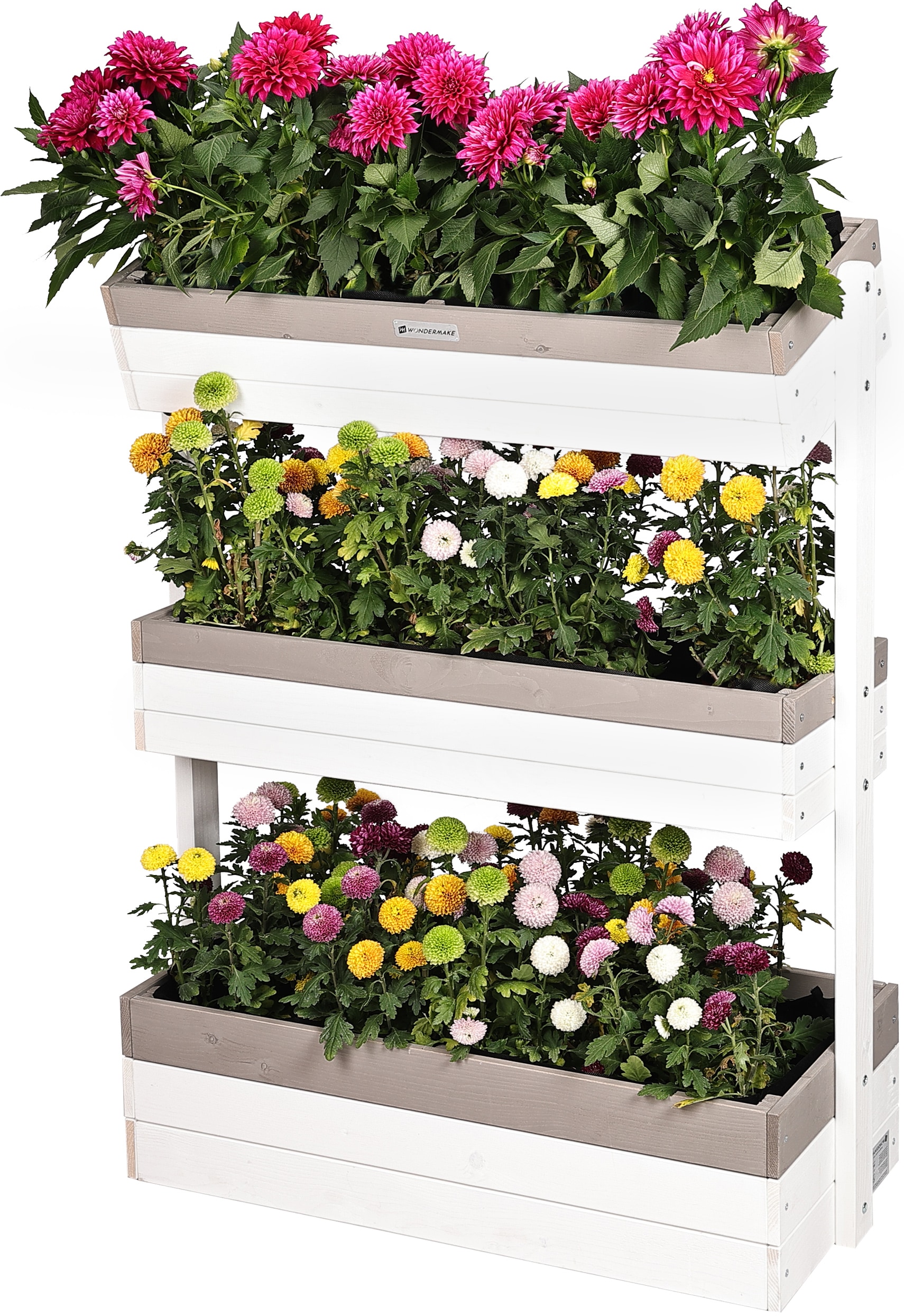 WONDERMAKE&reg; Gro&szlig;es Design Vertikalbeet mit 3 Etagen aus Holz f&uuml;r Outdoor Balkon Garten Wand stehend, Hochbeet vertikal XL K&auml;sten Cube f&uuml;r Kr&auml;uter Erdbeeren Blumen, 85x38x110 cm, wei&szlig; grau anthrazit - Bild 1