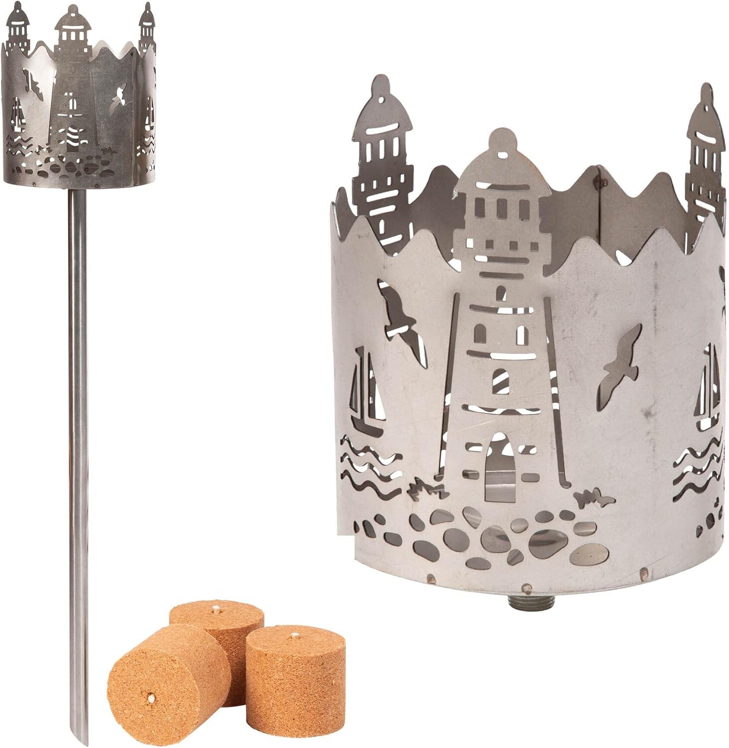 Gartenfackel für draußen Motiv Leuchtturm 3X Brennelemente - Holzspäne mit Wachs - Schwedenfackel Pelletfackel Feuersäule Flammschalen Wachsfackel Gartenleuchte