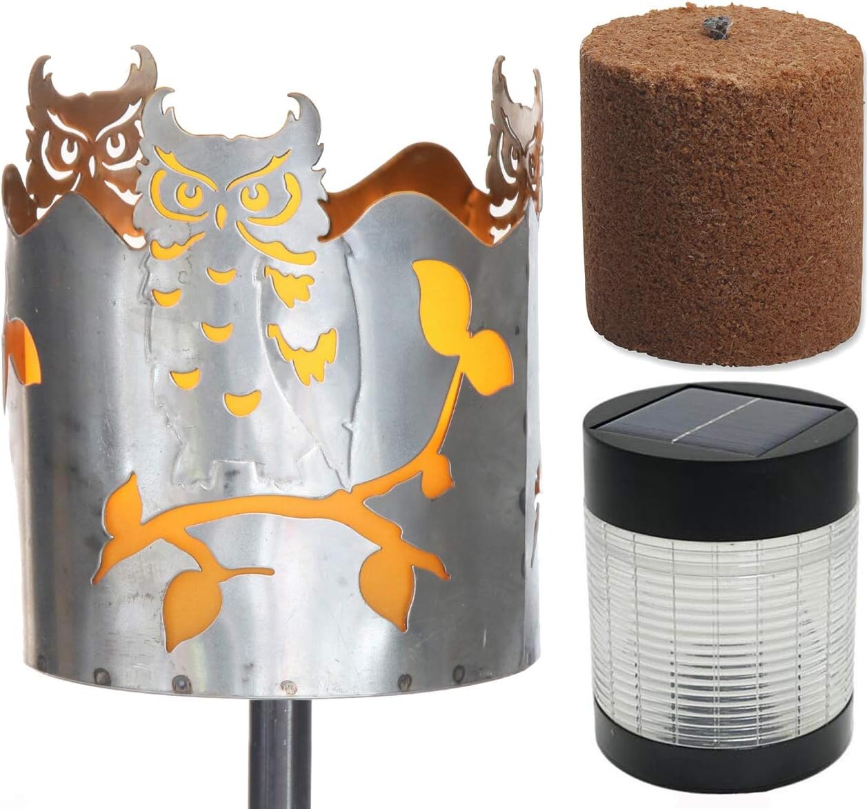 Gartenfackel Eule Feuerschale Metall mit Stiel Brennmittel Solarlampe LED