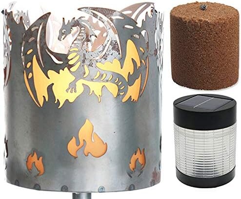 Gartenfackel Drache Feuerschale Metall mit Stiel Brennmittel Solarlampe LED