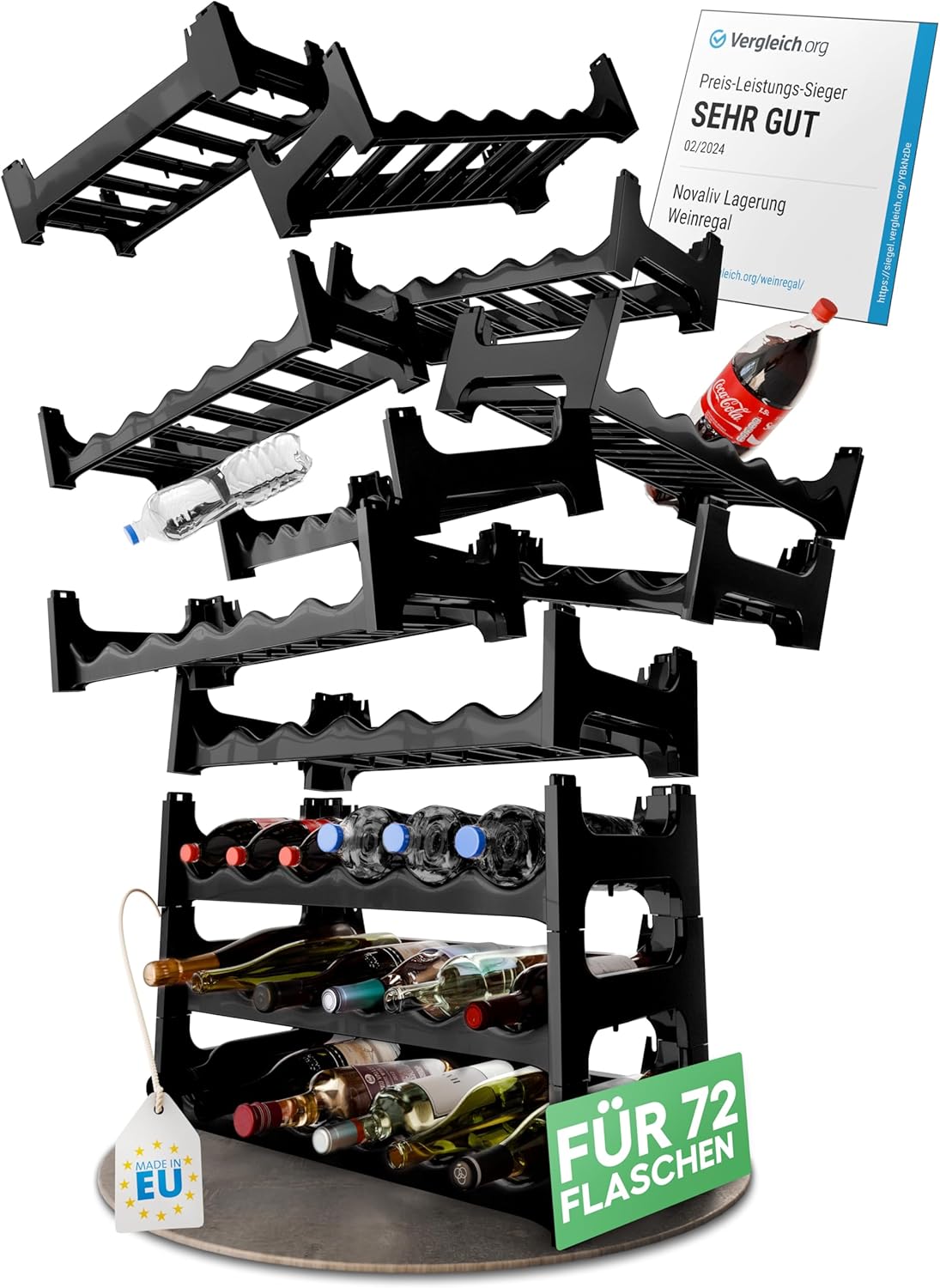 Schwarzes, Modulares Flaschenregal f&uuml;r 72 Weinflaschen - Stapelbar, Erweiterbar, Robust - Ideal f&uuml;r Weinlagerung in Keller, Gastronomie & Zuhause, Getr&auml;nkeschrank, Weinregal stapelbar - Bild 1