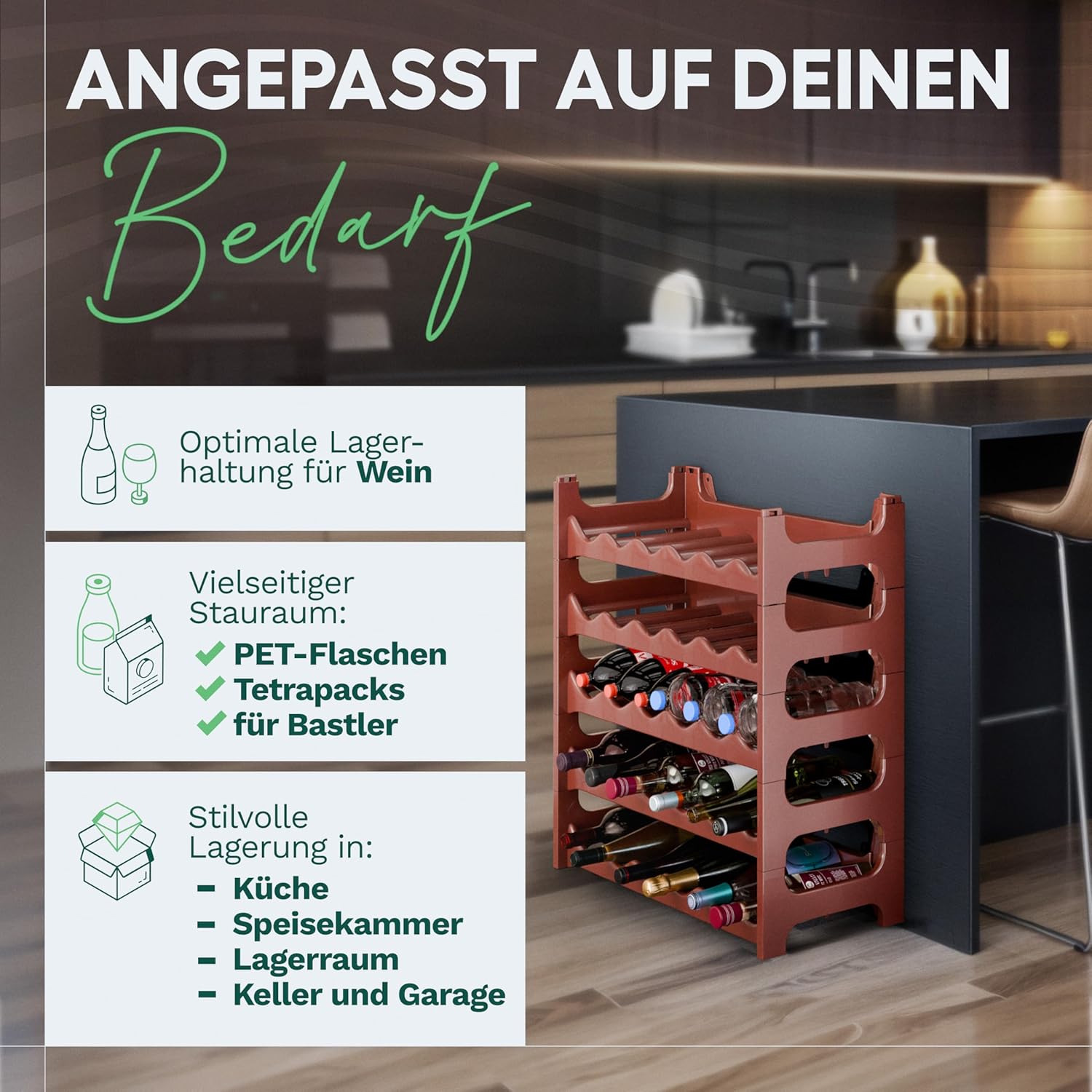 Flaschenregal fr 24 Flaschen, Braun, erweiterbar, stapelbar,  Getrnkeschrank fr Flaschen, Pet Flaschen Aufbewahrung, Weinregal flach,  Wein