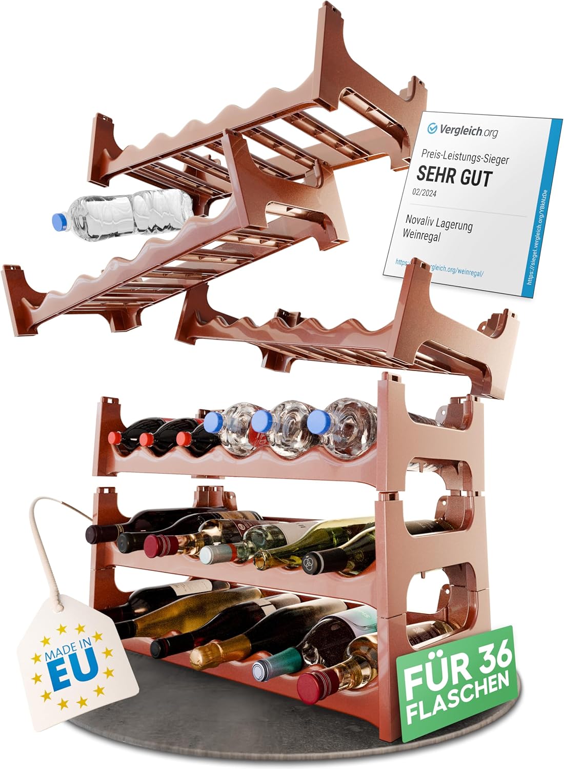 Flaschenregal f&uuml;r 36 Flaschen aus Kunststoff, erweiterbar, Weinregal stapelbar, Braun, Getr&auml;nkeregal Flaschen Regalsystem, Regal f&uuml;r Getr&auml;nke, Flaschenschrank, Spirituosen Regal - Bild 1