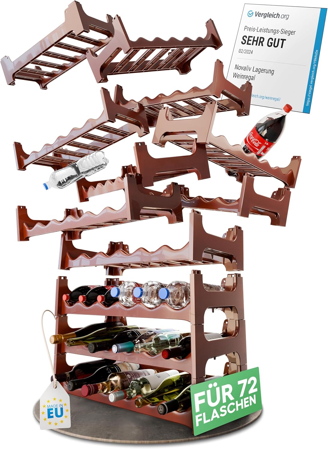 Braunes , Modulares Flaschenregal f&uuml;r 72 Weinflaschen - Stapelbar , Erweiterbar , Robust - Ideal f&uuml;r Weinlagerung in Keller , Gastronomie & Zuhause , Getr&auml;nkeschrank , Weinregal stapelbar - Bild 1