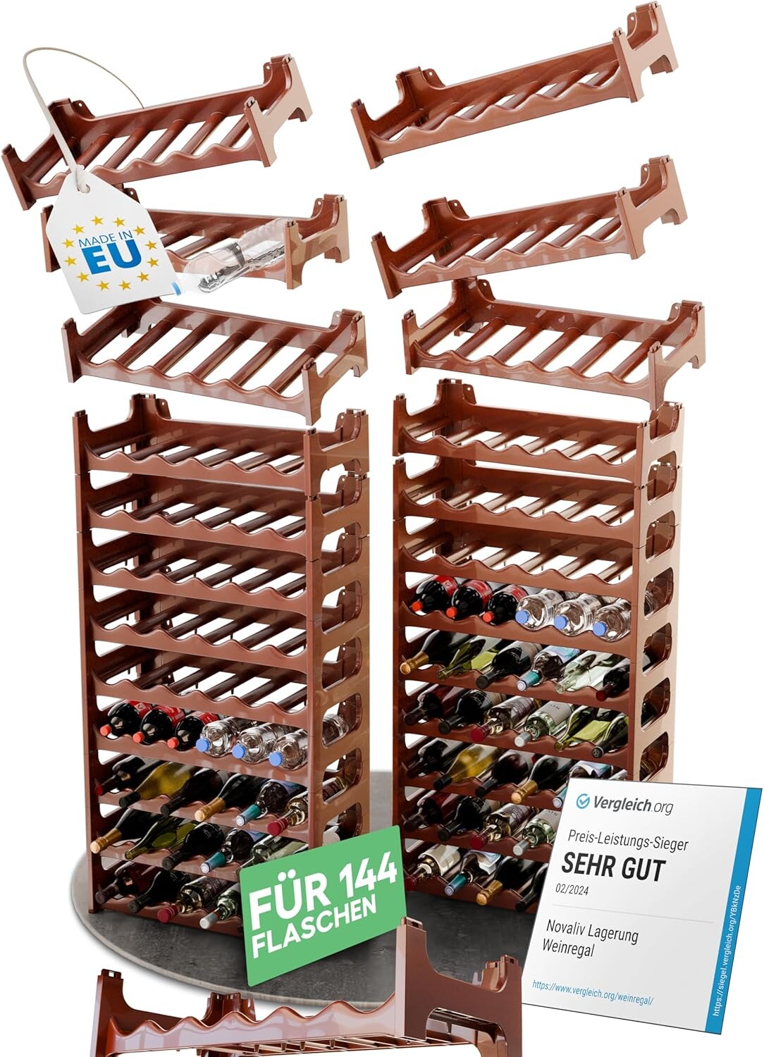 Braunes, Modulares Flaschenregal für 144 Weinflaschen – Stapelbar, Erweiterbar, Robust – Ideal für Weinlagerung in Keller, Gastronomie & Zuhause, Getränkeschrank, Weinregal stapelbar | 04251888501387