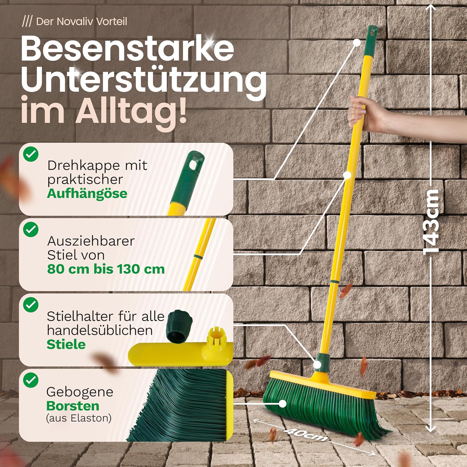 Krallenbesen Set 40 cm Kunststoff mit Teleskopstiel gebogenen Borsten Gartenbesen Stra&szlig;enbesen Kehrbesen Laubbesen (1 , 40 cm Besen mit Stiel) - Bild 1