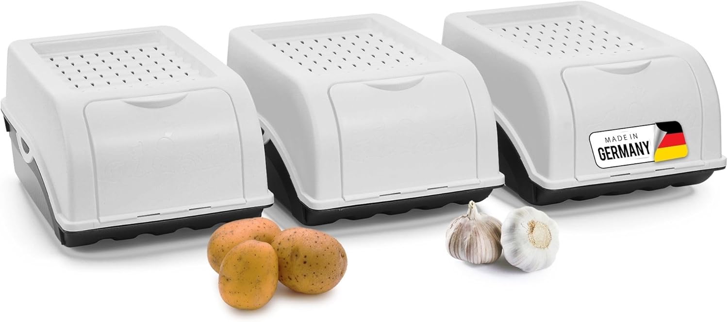 Kartoffel Aufbewahrungsbox | 3x klein 3,5L | Weiss | Zwiebelbox | Gem&uuml;sebox stapelbar Kartoffelbox Zwiebel Aufbewahrung Kartoffelkorb Obstbeh&auml;lter Kartoffelkiste Frischhaltedose M&ouml;hren - Bild 1