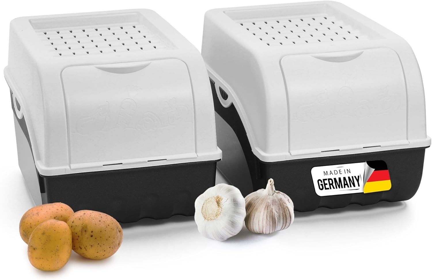 Kartoffel Aufbewahrungsbox | 2x mitel 5L | Weiss | Kartoffelbox | Gem&uuml;sebox stapelbar Zwiebelbox Kartoffelkorb Obstbeh&auml;lter Kartoffelkiste Zwiebel Aufbewahrung Frischhaltedose M&ouml;hren - Bild 1