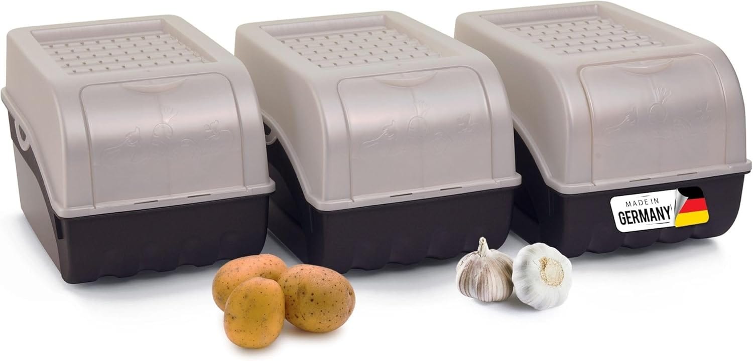 Kartoffel Aufbewahrungsbox | 3x mittel 5L | PERLMUT Weiss | Kartoffelbox | Gem&uuml;sebox stapelbar Zwiebelbox Kartoffelkorb Obstbeh&auml;lter Kartoffelkiste Zwiebel Aufbewahrung Frischhaltedose M&ouml;hren - Bild 1