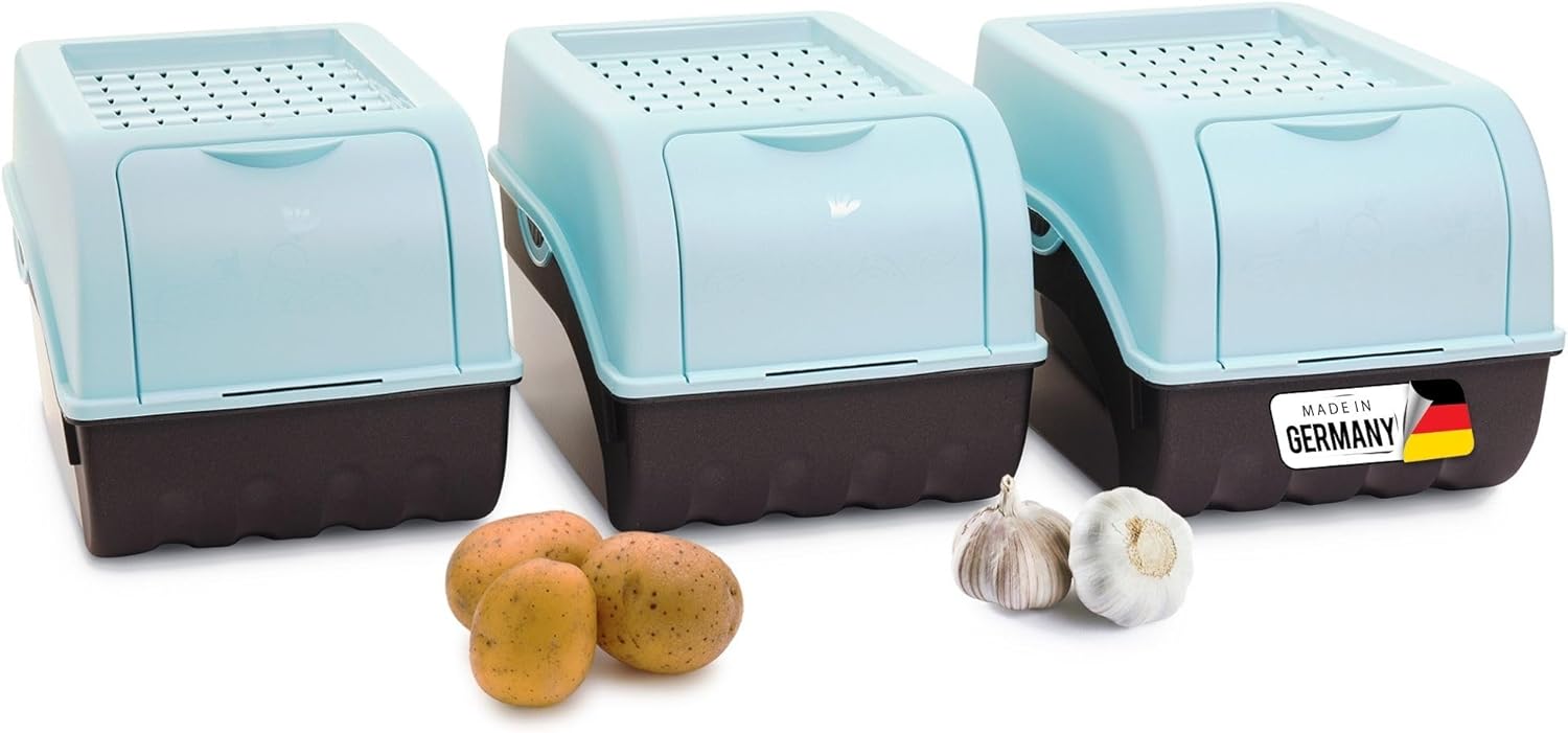 Kartoffel Aufbewahrungsbox | 3x mittel 5L | T&Uuml;RKIS | Kartoffelbox | Gem&uuml;sebox stapelbar Zwiebelbox Kartoffelkorb Obstbeh&auml;lter Kartoffelkiste Zwiebel Aufbewahrung Frischhaltedose M&ouml;hren - Bild 1