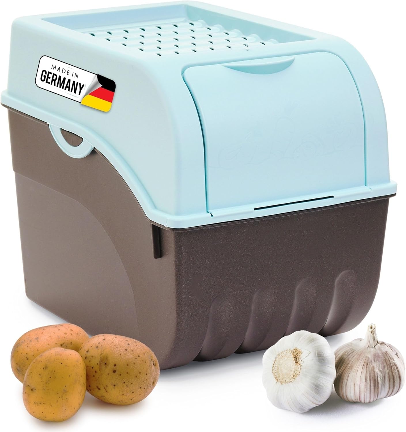 Kartoffel Aufbewahrungsbox | gro&szlig; 9L | T&Uuml;RKIS | Kartoffelbox | Gem&uuml;sebox stapelbar Zwiebelbox Kartoffelkorb Obstbeh&auml;lter Kartoffelkiste Zwiebel Aufbewahrung Frischhaltedose M&ouml;hren&hellip; - Bild 1