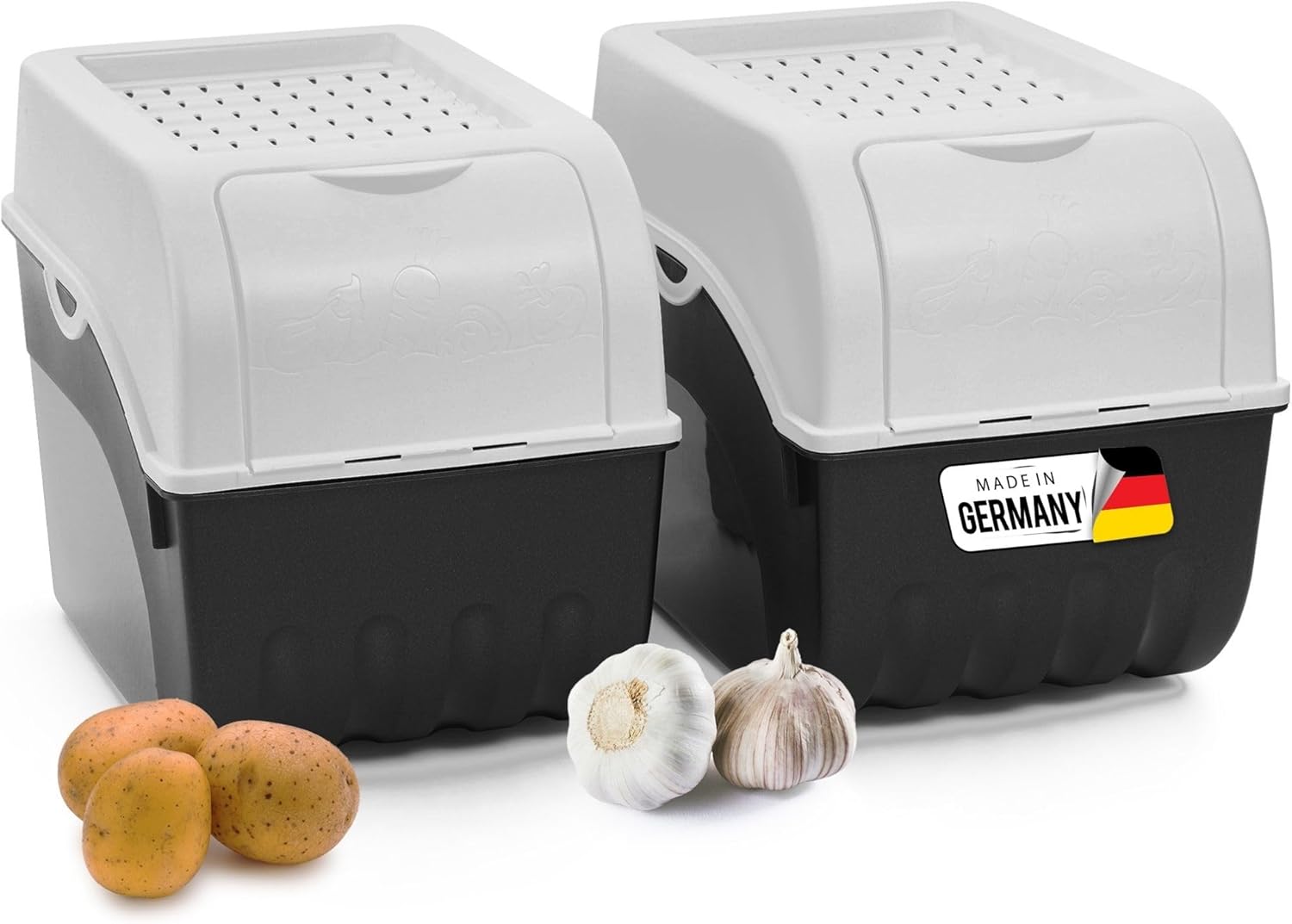 Kartoffel Aufbewahrungsbox | 2x gro&szlig; 9L | Weiss | Kartoffelbox | Gem&uuml;sebox stapelbar Zwiebelbox Kartoffelkorb Obstbeh&auml;lter Kartoffelkiste Zwiebel Aufbewahrung Frischhaltedose M&ouml;hren - Bild 1