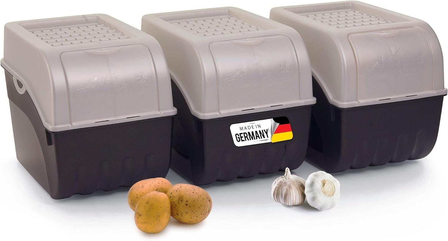 Kartoffel Aufbewahrungsbox | 3x gro&szlig; 9L | PERLMUT Weiss | Kartoffelbox | Gem&uuml;sebox stapelbar Zwiebelbox Kartoffelkorb Obstbeh&auml;lter Kartoffelkiste Zwiebel Aufbewahrung Frischhaltedose M&ouml;hren - Bild 1