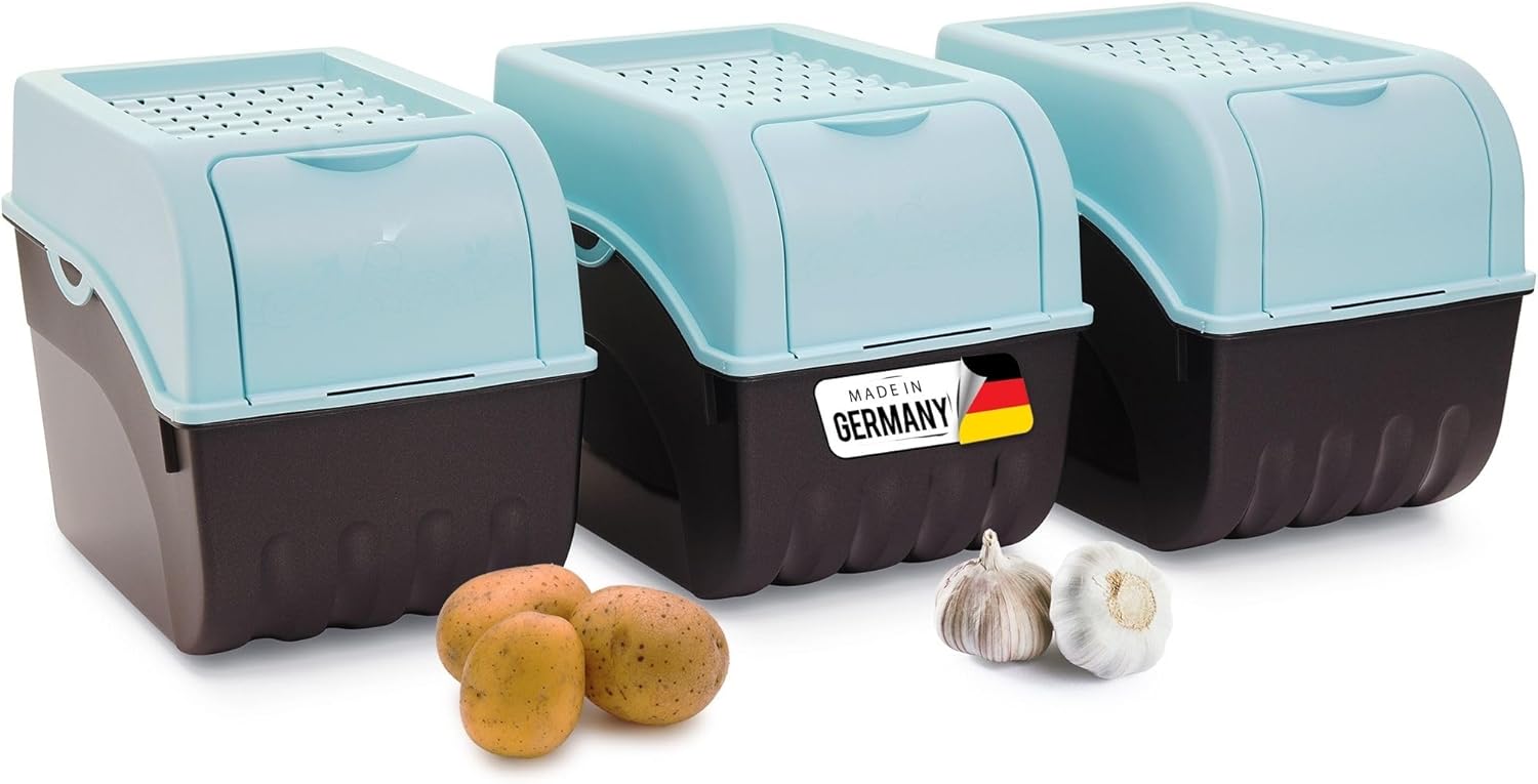 Kartoffel Aufbewahrungsbox | 3X gro&szlig; 9L | T&Uuml;RKIS | Kartoffelbox | Gem&uuml;sebox stapelbar Zwiebelbox Kartoffelkorb Obstbeh&auml;lter Kartoffelkiste Zwiebel Aufbewahrung Frischhaltedose M&ouml;hren&hellip; - Bild 1