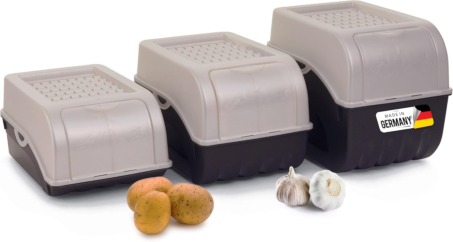 Kartoffel Aufbewahrungsboxen Set | 3,5L + 5L + 9L | PERLMUT Weiss | Kartoffelboxen | Gem&uuml;seboxen stapelbar Zwiebelboxen Kartoffelk&ouml;rbe Obstbeh&auml;lter Kartoffelkisten Frischhaltedosen - Bild 1
