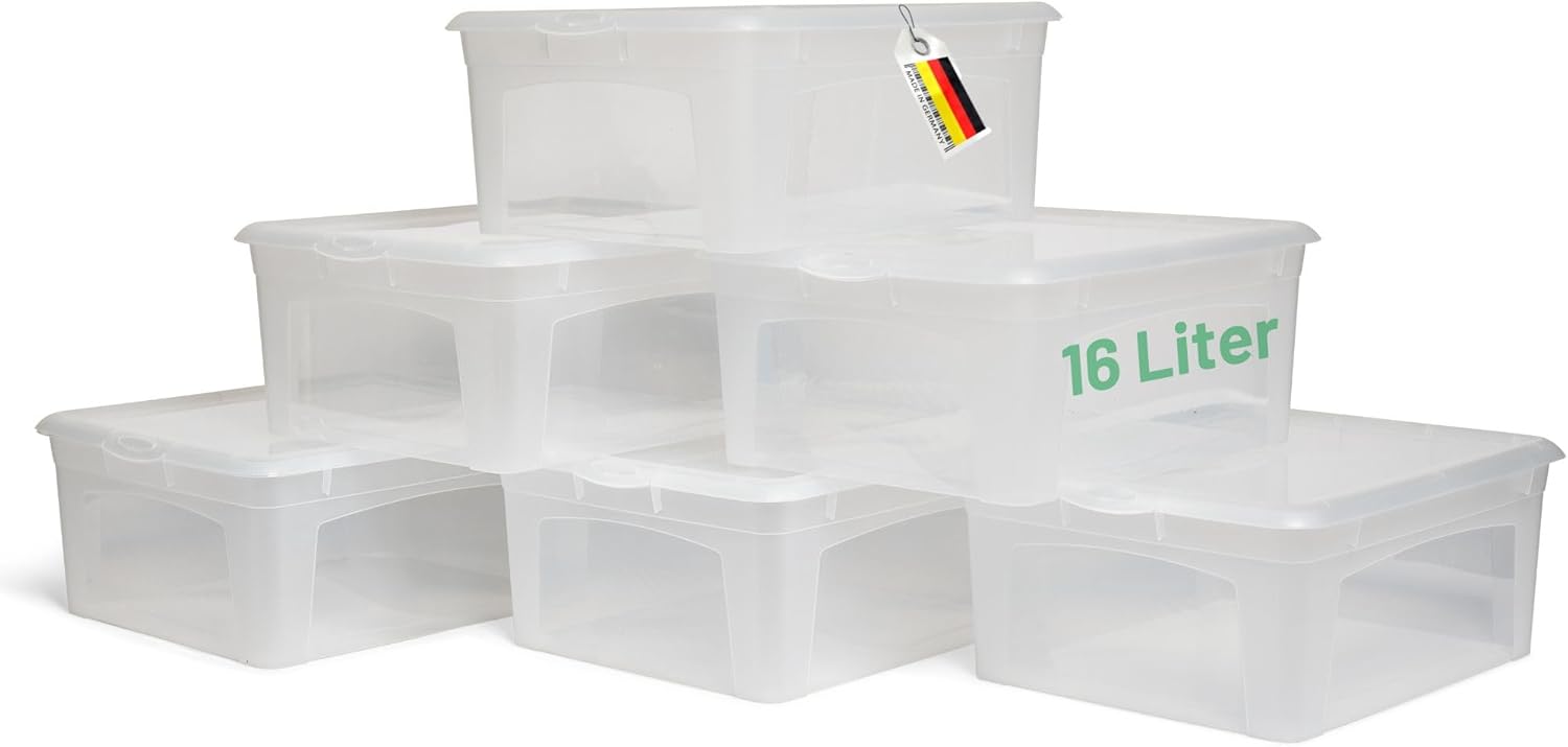 6x Aufbewahrungsboxen mit Deckel 16L transparente Boxen stapelbare Nestbar Storage boxes mit Clipverschluss Kunststoff BPA-frei 41x34x17 cm - Bild 1