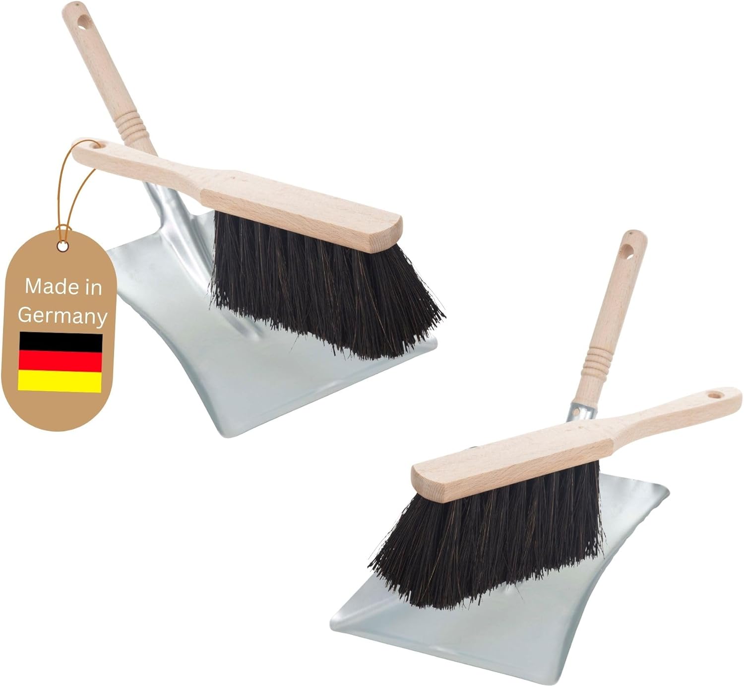 2X Kehrblech Set Kehrblechgarnitur Handfeger Arenga Borsten und Kehrblech Metall Silber verzinkt Kehrblechbesen zum Aufkehren Handkehrset Kehrblechset Kehrschaufel Feger und Kehrblech - Bild 1