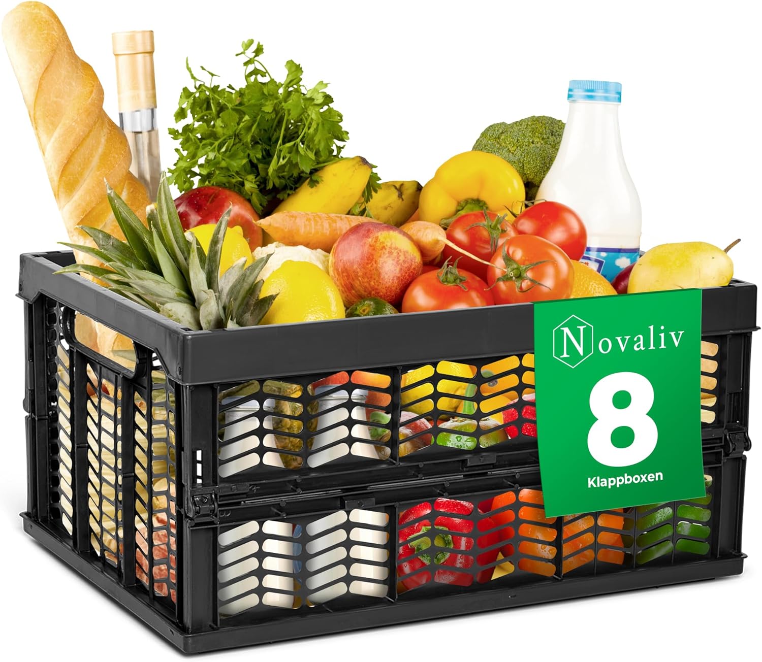 Klappboxen faltbar stabil 8x 30L Schwarz Schwarz baskets Einkaufskiste Klappkisten Set Tragebox Aufbewahrung Einkaufsk&ouml;rbe K&ouml;rbe Aufbewahrung K&uuml;che - Bild 1