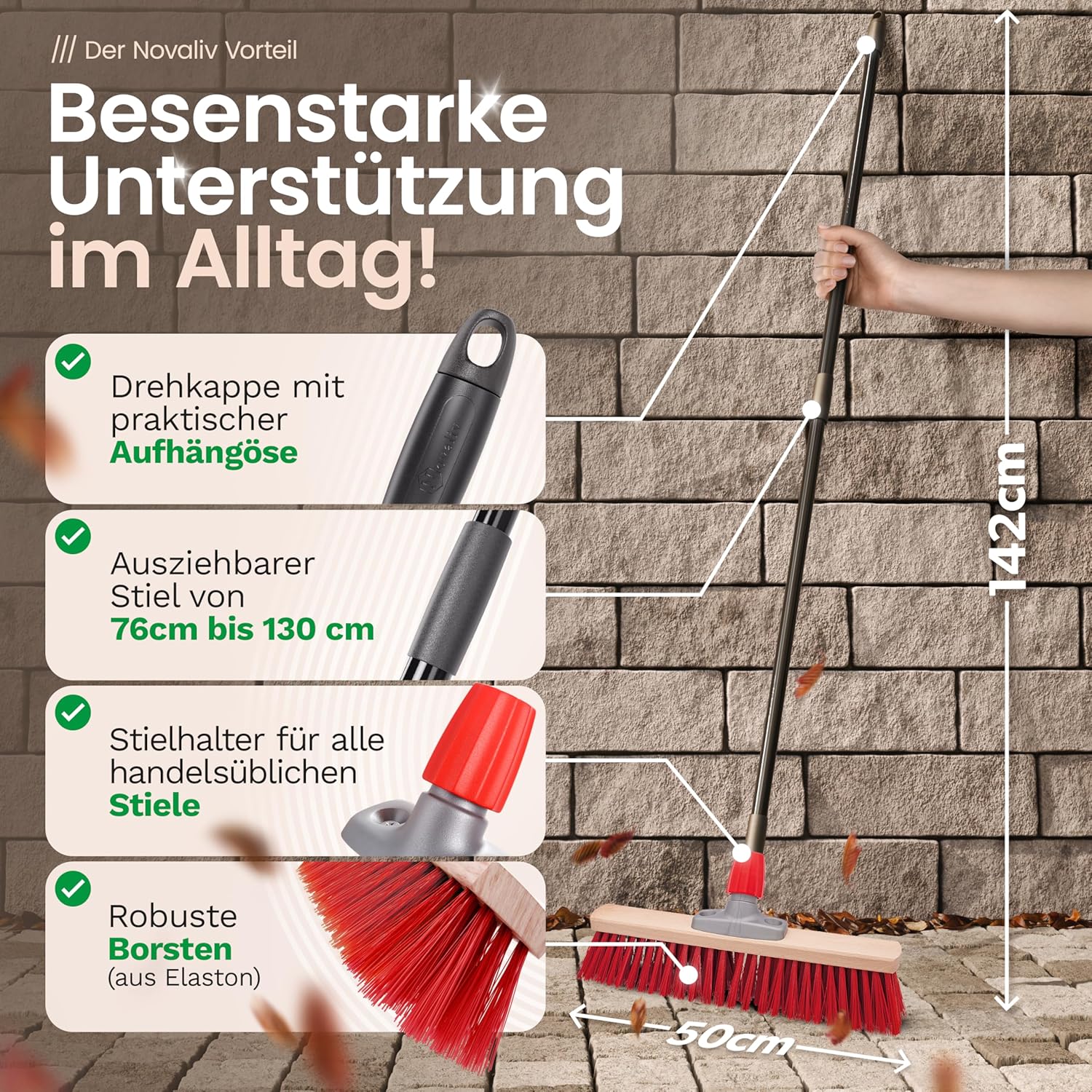 4X Stra&szlig;enbesen 50 cm I mit Stiel I Elaston rot I Teleskopstiel I Besen f&uuml;r drau&szlig;en I Industriebesen Gartenbesen Schneebesen Allzweckbesen - Bild 1