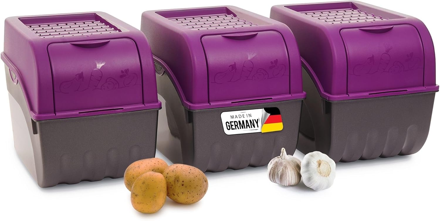Kartoffel Aufbewahrungsbox | 3X gro&szlig; 9L | LILA | Zwiebelbox | Gem&uuml;sebox stapelbar Kartoffelbox Zwiebel Aufbewahrung Kartoffelkorb Obstbeh&auml;lter Kartoffelkiste Frischhaltedose - Bild 1