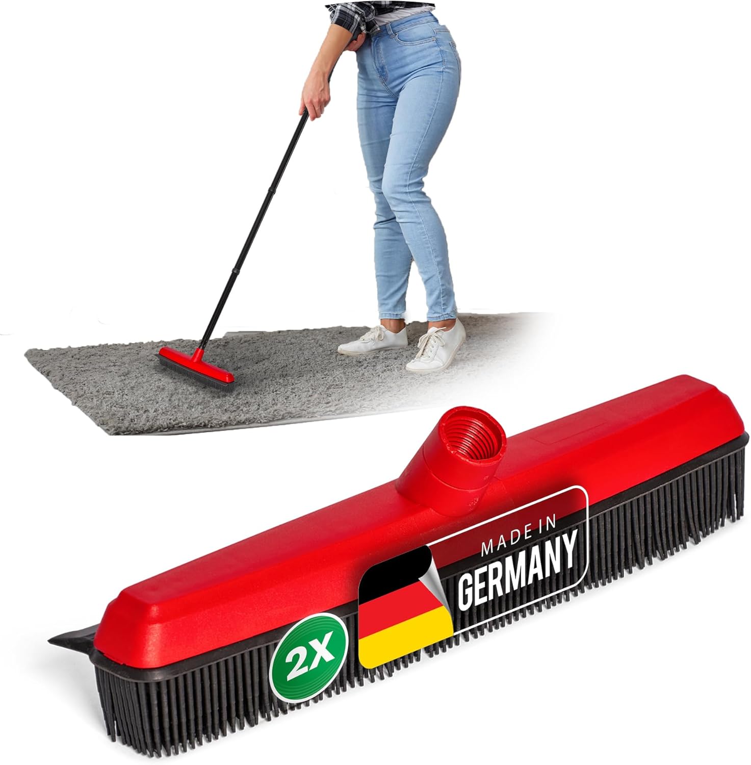 2er Set Gummibesen mit Abzieher Besenkopf Gummi Friseurbesen Schwarz Noppenbesen Hundehaarentferner Broom Parkett Besen f&uuml;r Drinnen Teppichbesen Bodenabzieher Haushaltsbesen Wunderbesen - Bild 1