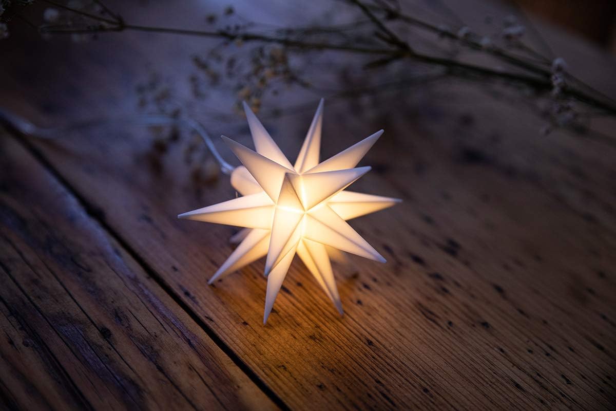 Weihnachtsstern LED Dekostern Klein 8cm Weiss mit Batteriefach f&uuml;r 3 AA Batterien 6h Timerfunktion (1,5m Kabel) Innenraum DEKO 3D Stern 18 Zackig Leuchtstern LED Weihnachtsstern beleuchtet - Bild 1