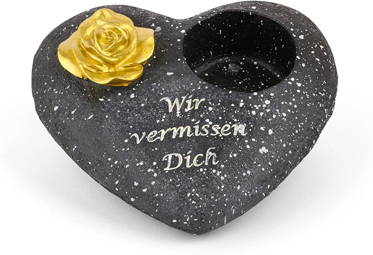 Grabschmuck Herz Schwarz mit Rose Spruch Wir vermissen Dich Grabdeko Grabherz Wetterfest Grabdekoration Gedenkstein Teelichthalter Trauerstein | 00745125288703